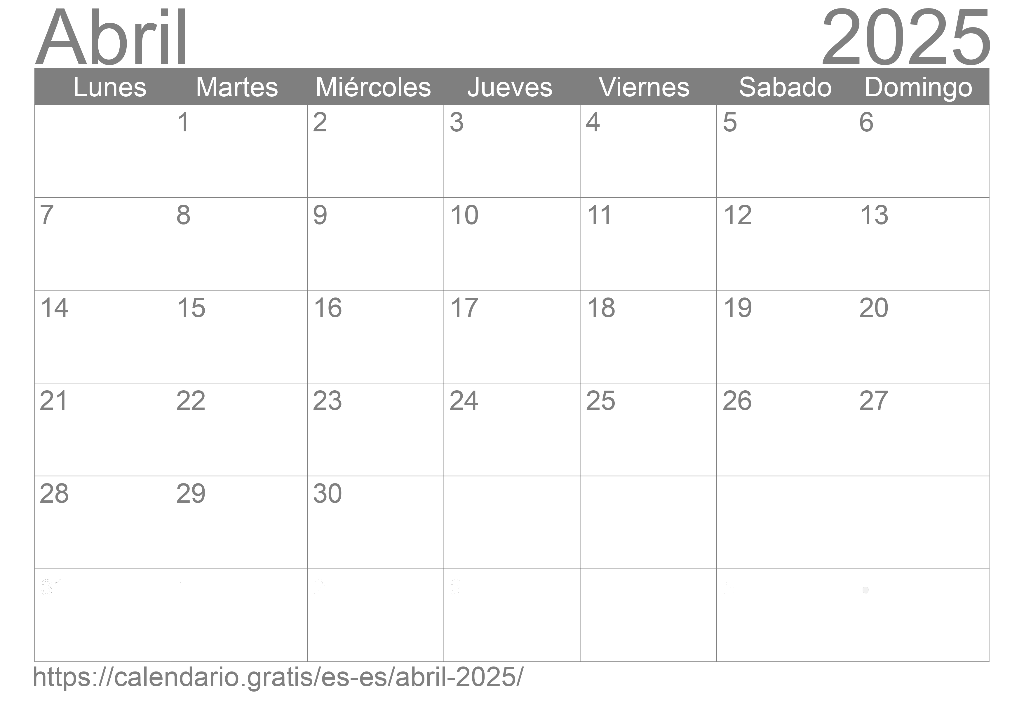 Calendario Abril 2025 de España en español ☑️ Calendario.Gratis
