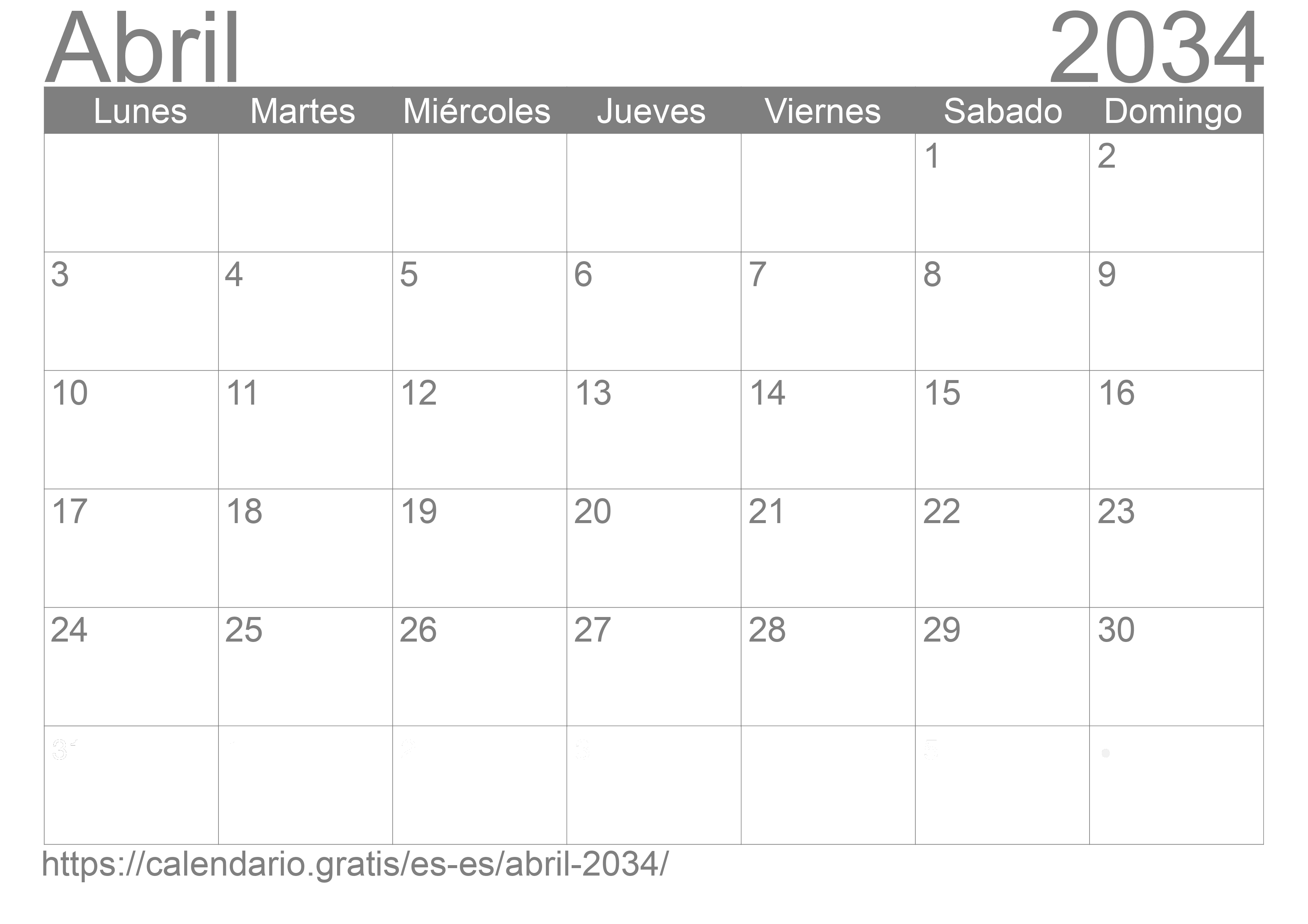 Calendario Abril 2034 De España En Español ☑️ Calendariogratis 0329