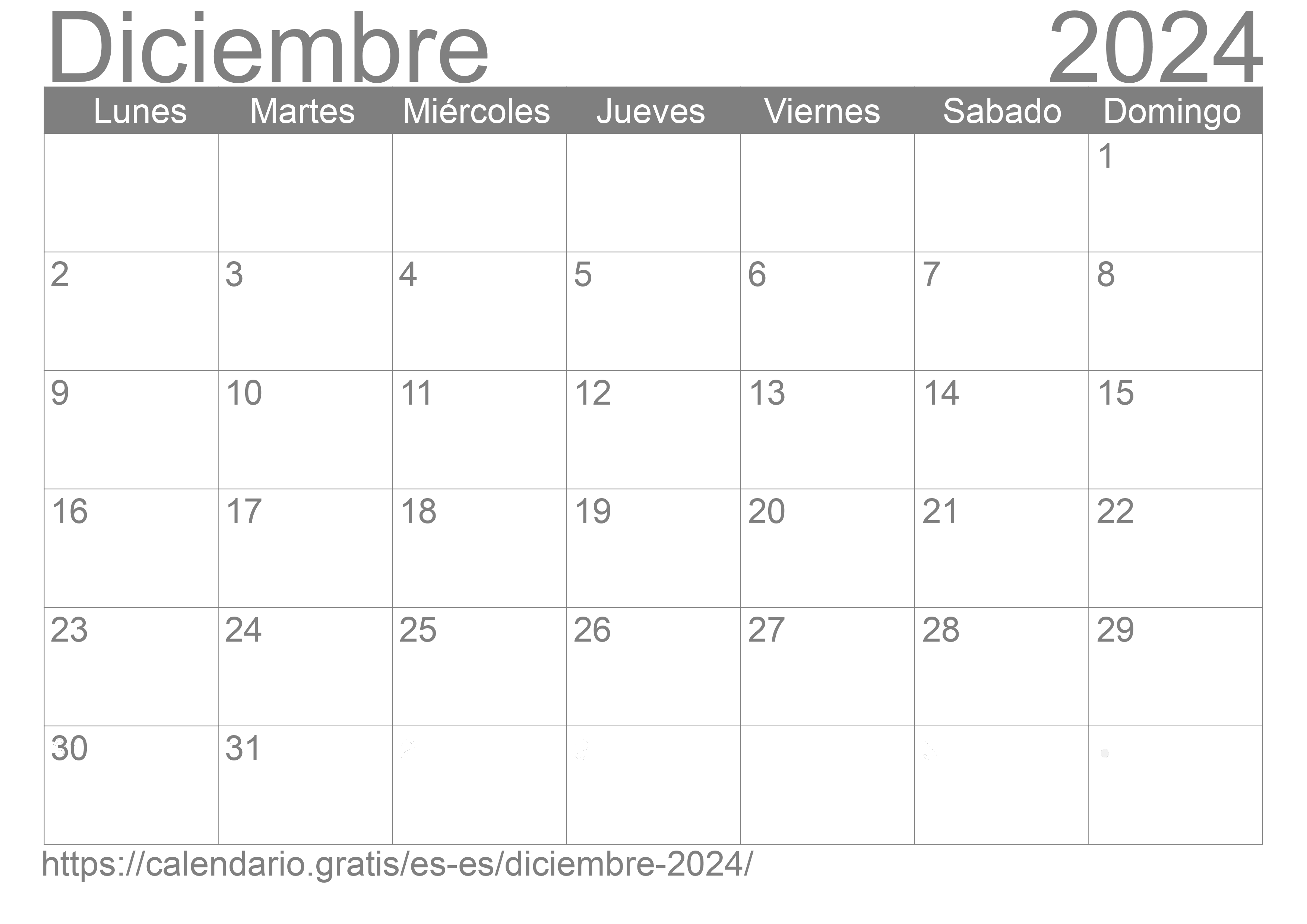 Calendario Diciembre 2024 de España en español ☑️ Calendario.Gratis