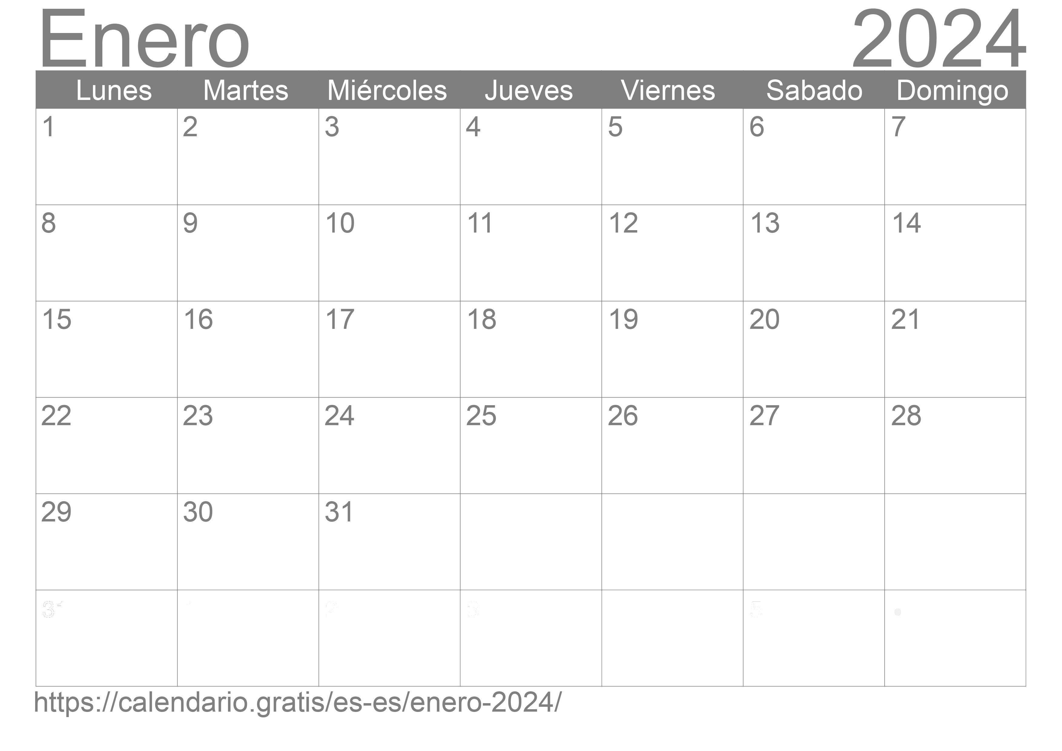 Calendario Enero 2024 de España en español ☑️ Calendario.Gratis