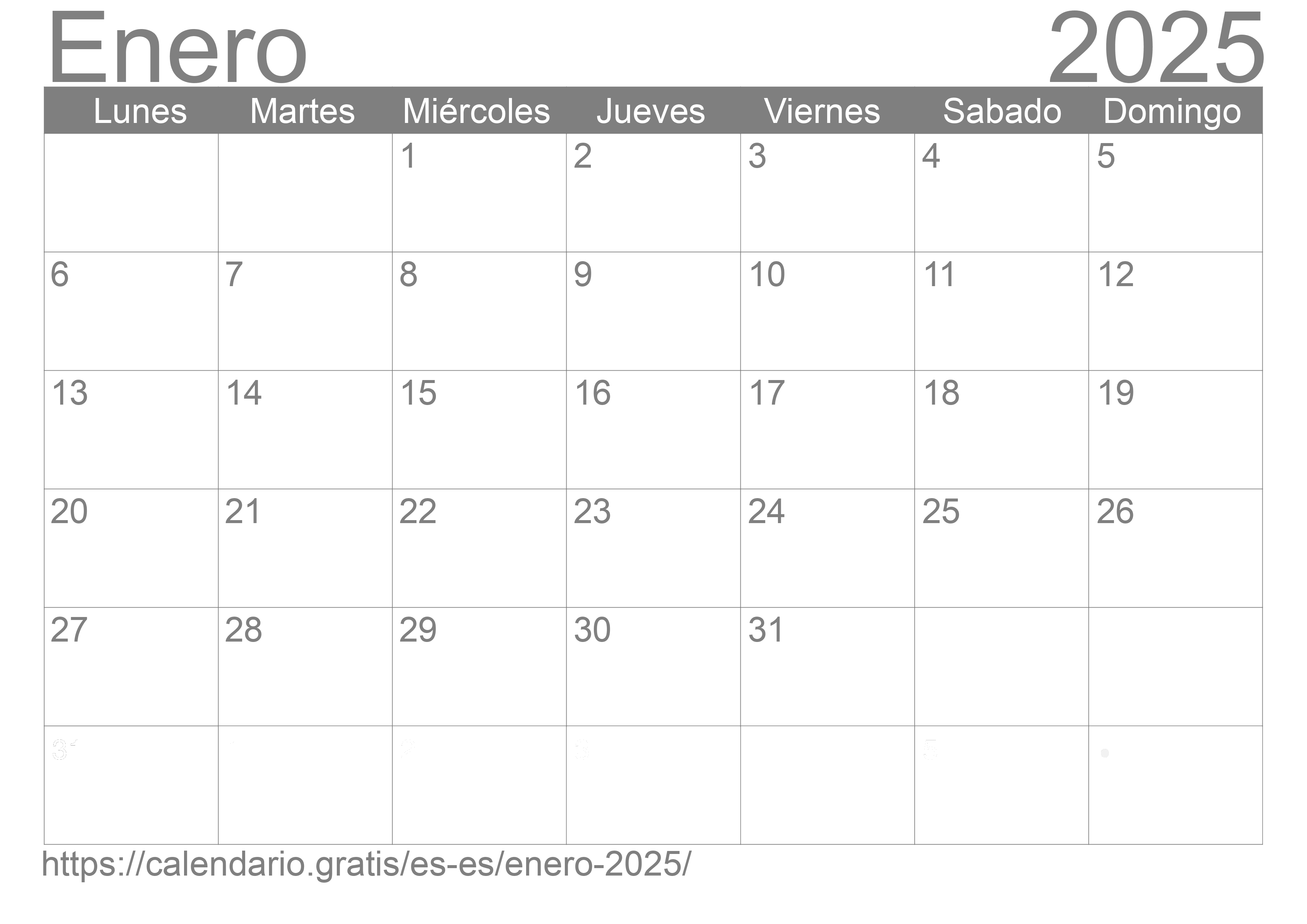 Calendario Enero 2025 de España en español ☑️ Calendario.Gratis