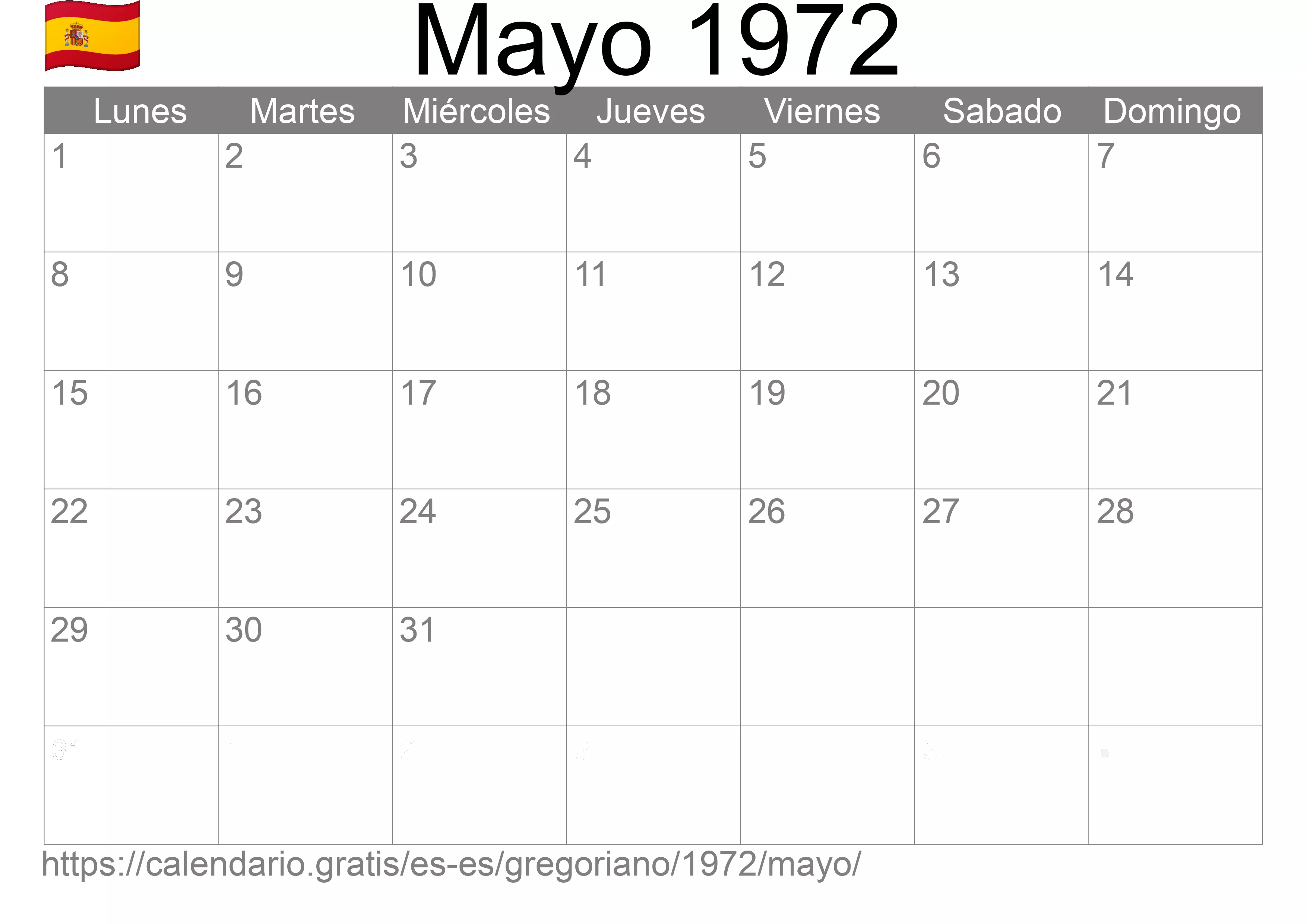 Calendario Mayo 1972 para imprimir (España)
