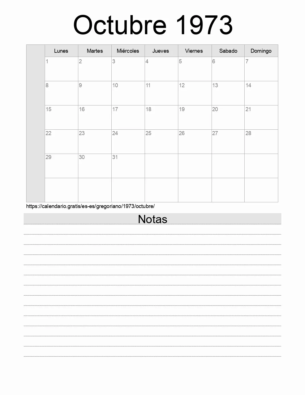 Calendario Octubre 1973 para imprimir con notas. (España)