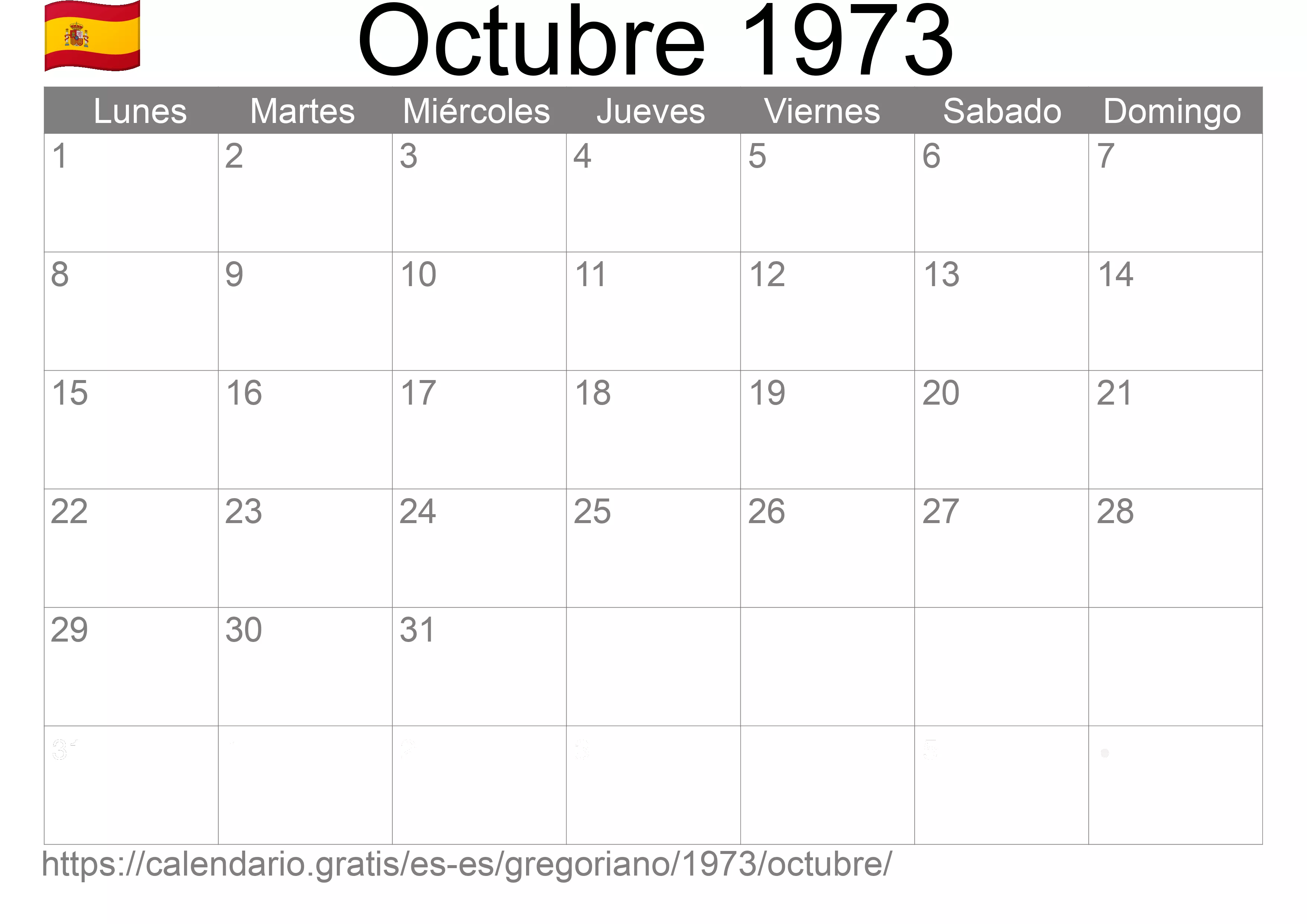 Calendario Octubre 1973 para imprimir (España)