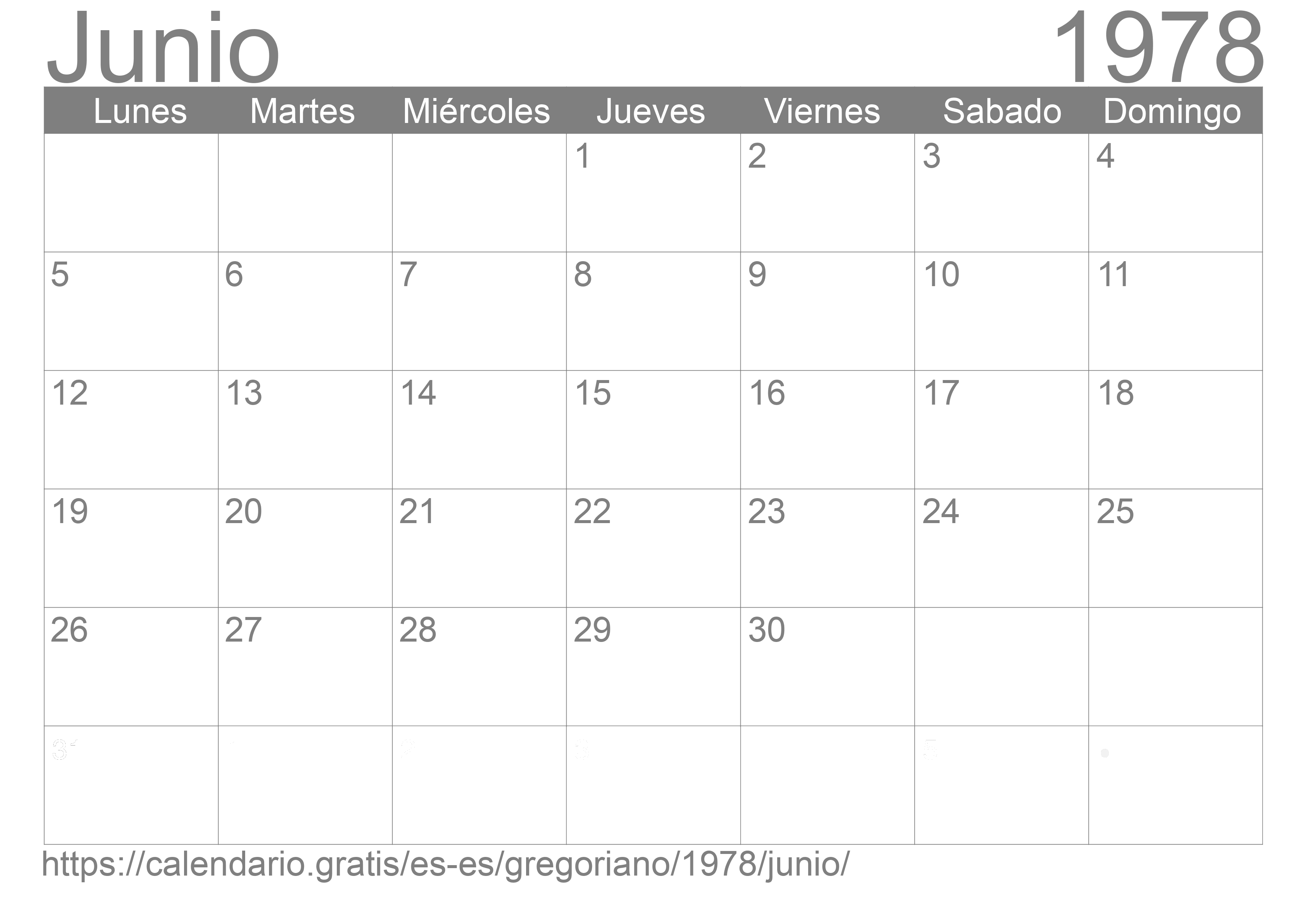 Calendario Junio 1978 para imprimir