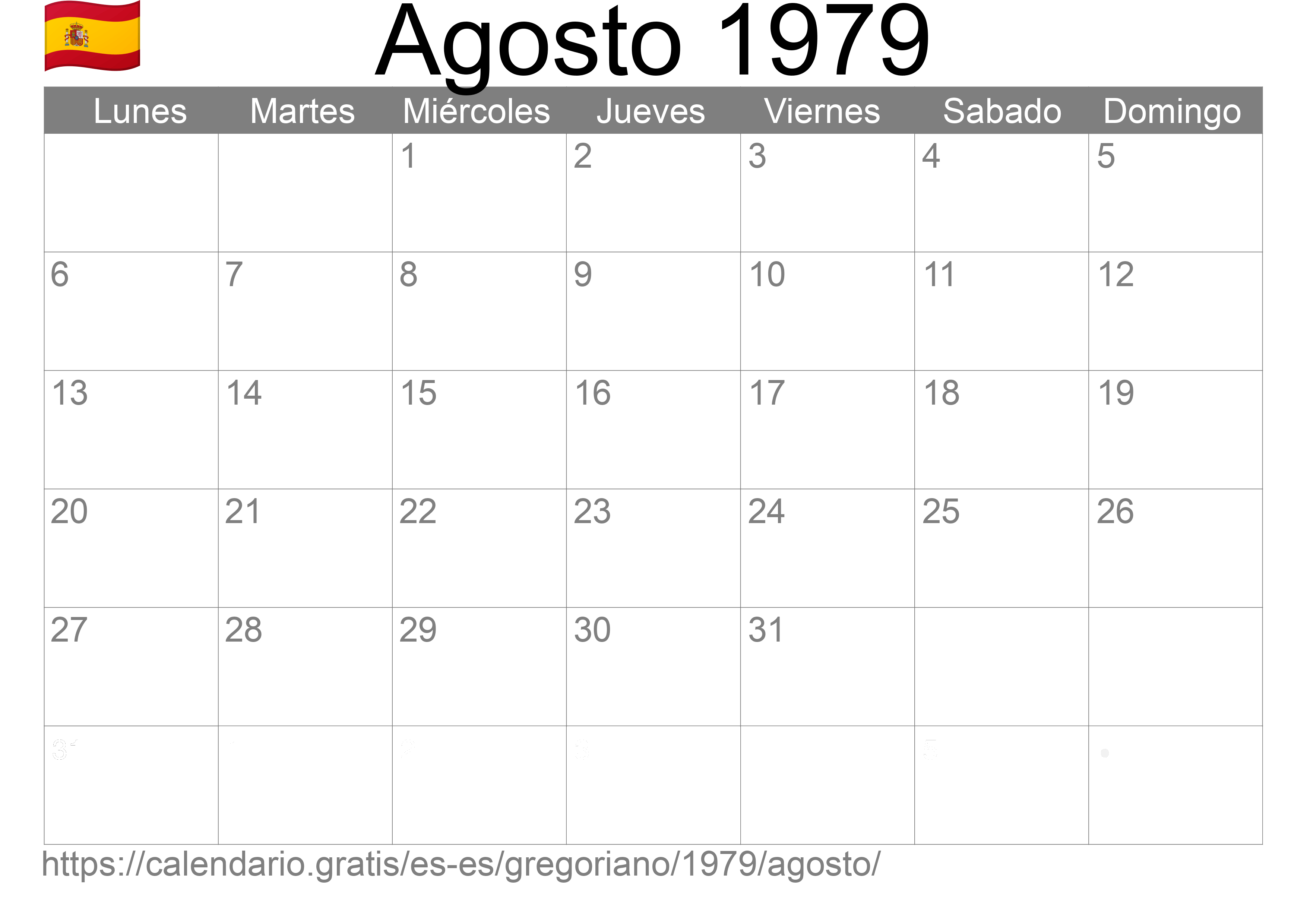 Calendario Agosto 1979 para imprimir