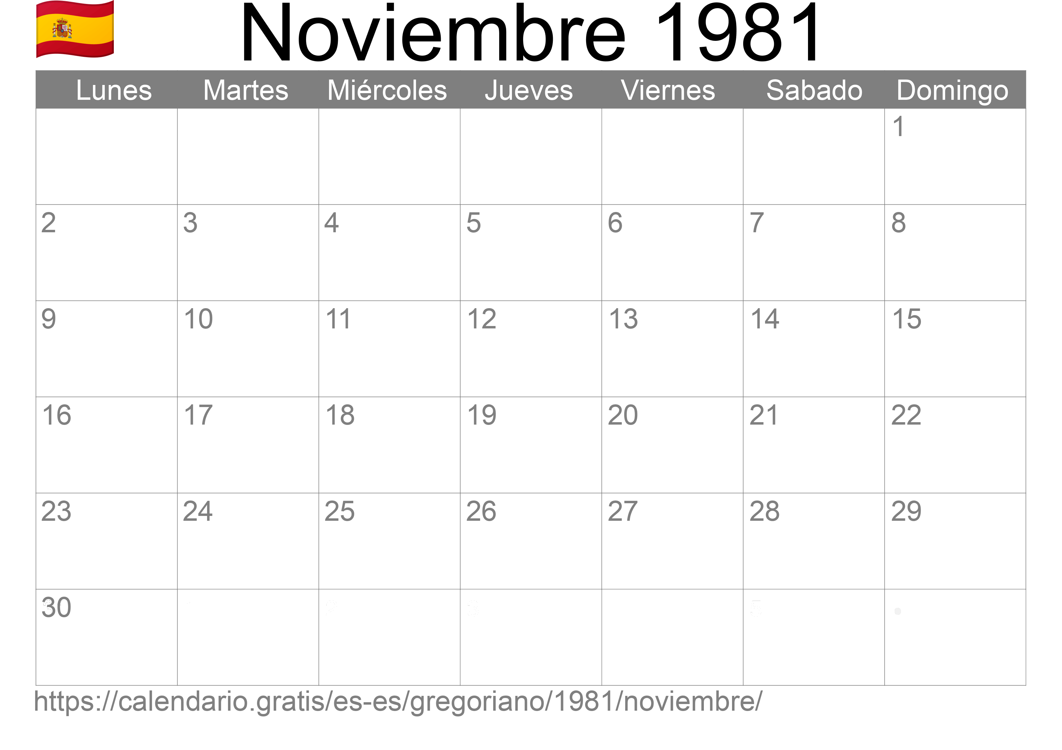 Calendario Noviembre 1981 para imprimir