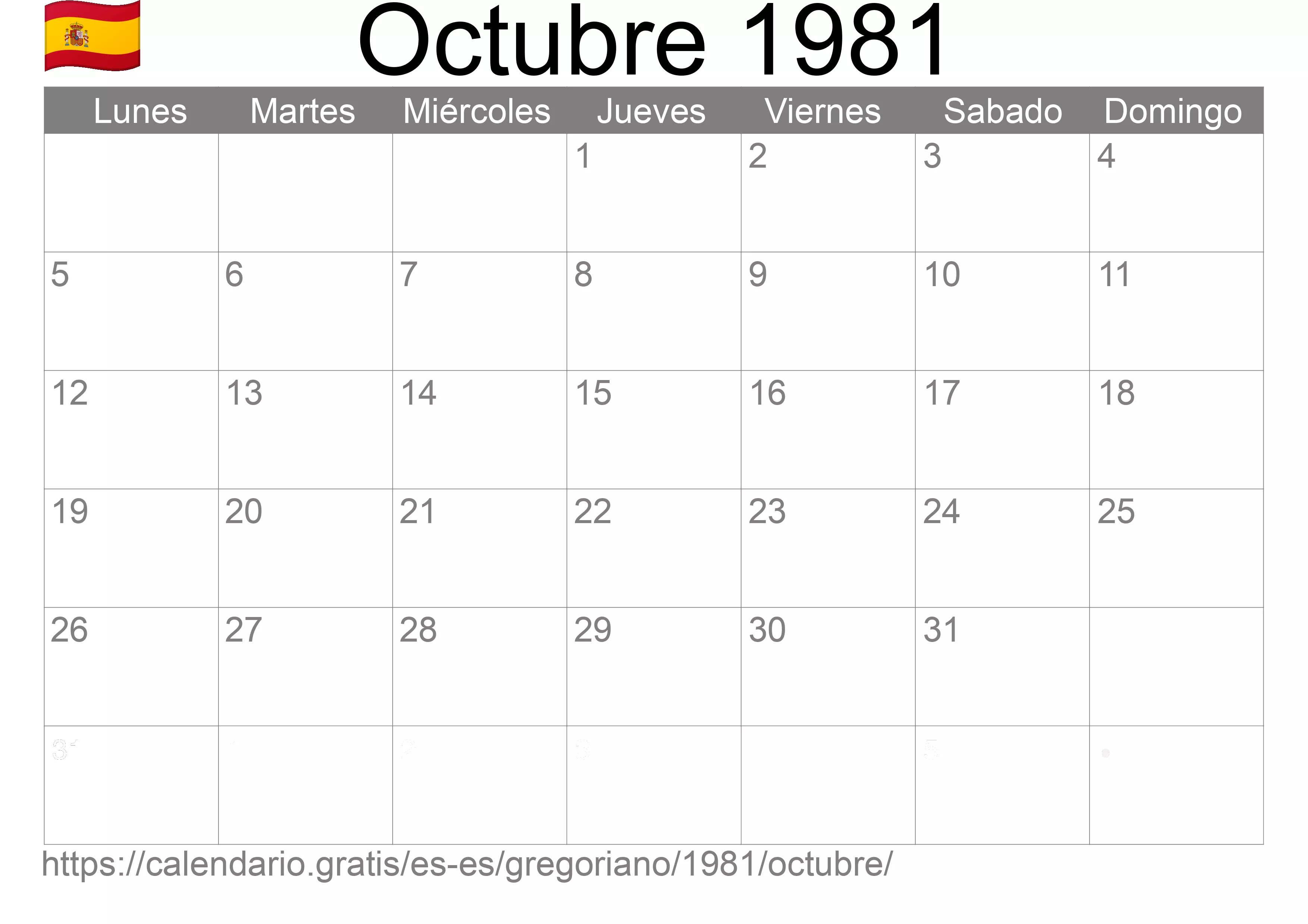 Calendario Octubre 1981 para imprimir (España)