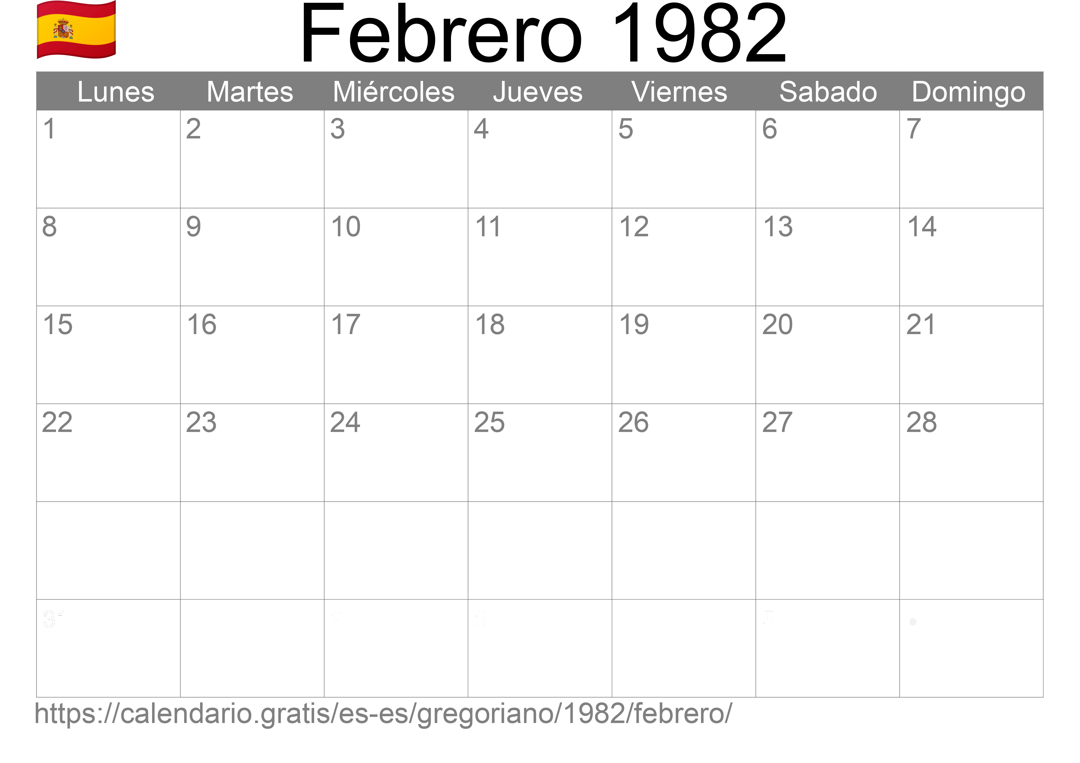 Calendario Febrero 1982 para imprimir