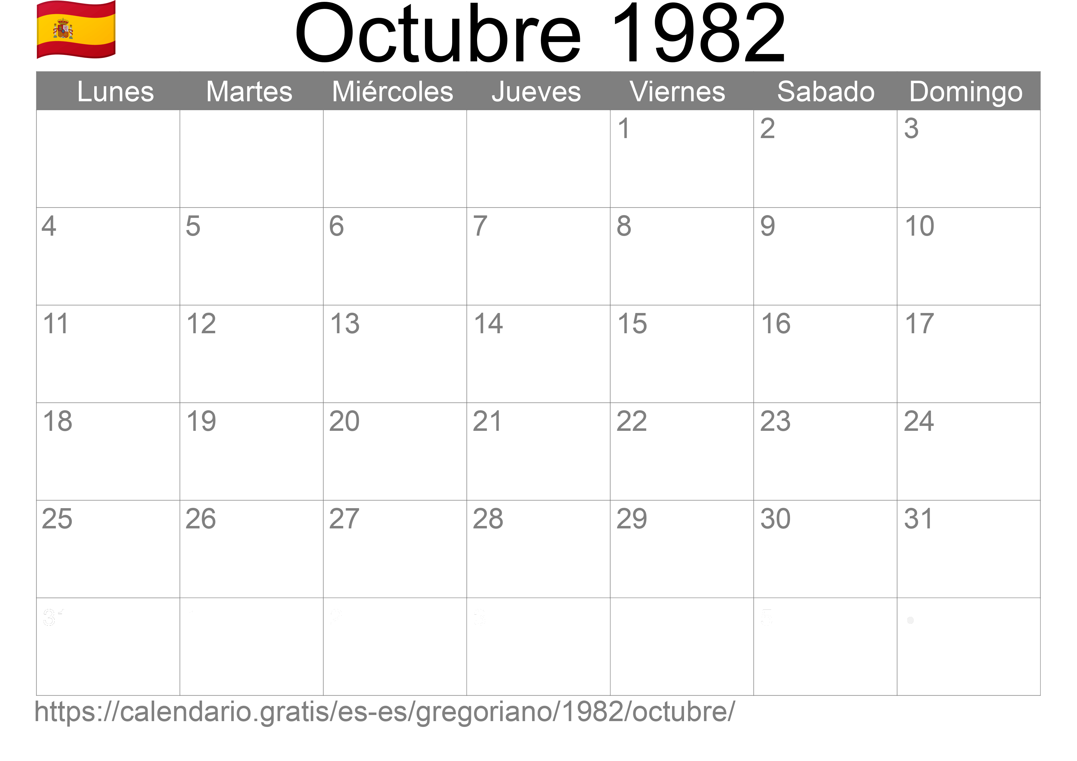 Calendario Octubre 1982 para imprimir