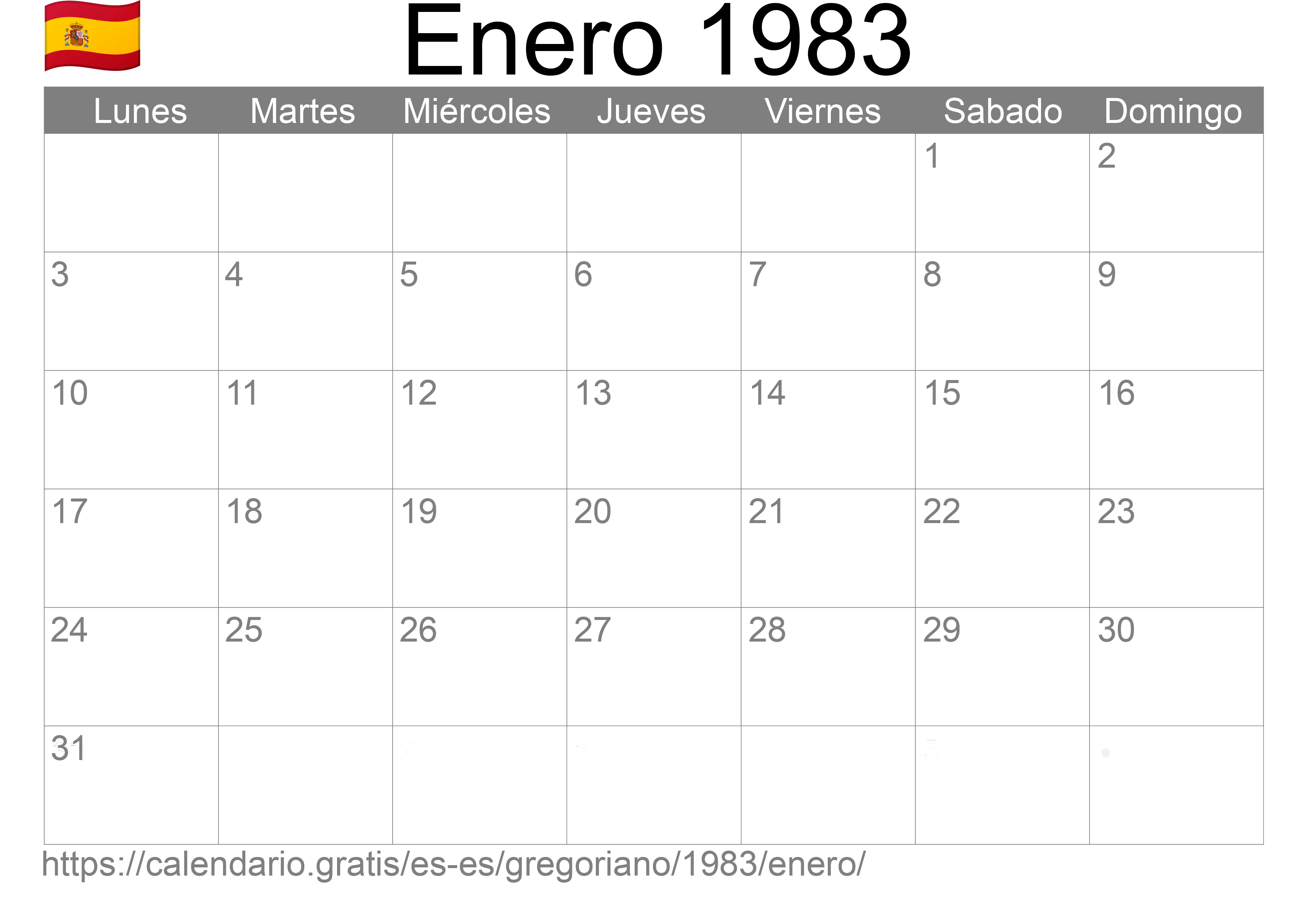 Calendario Enero 1983 para imprimir