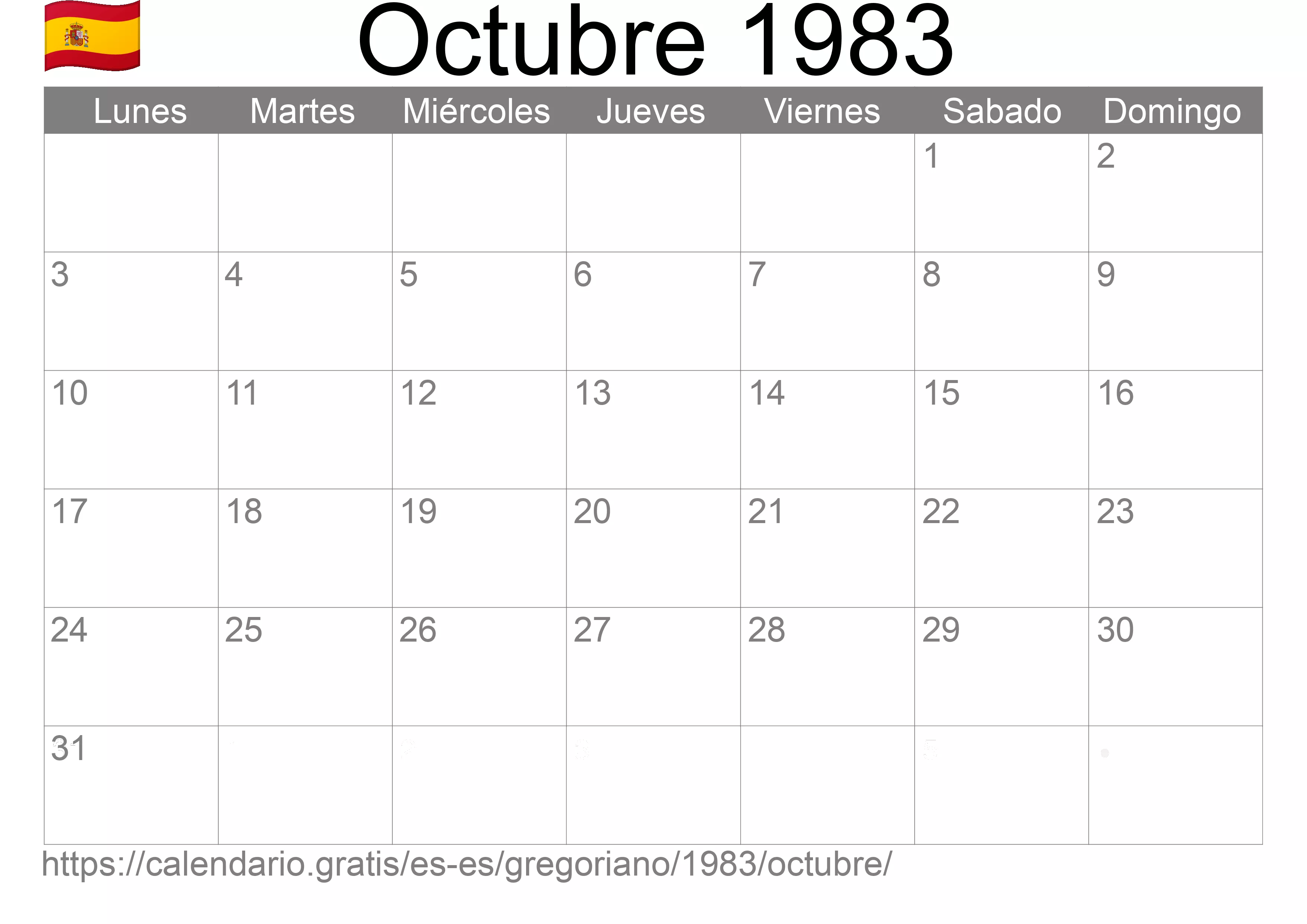 Calendario Octubre 1983 para imprimir (España)
