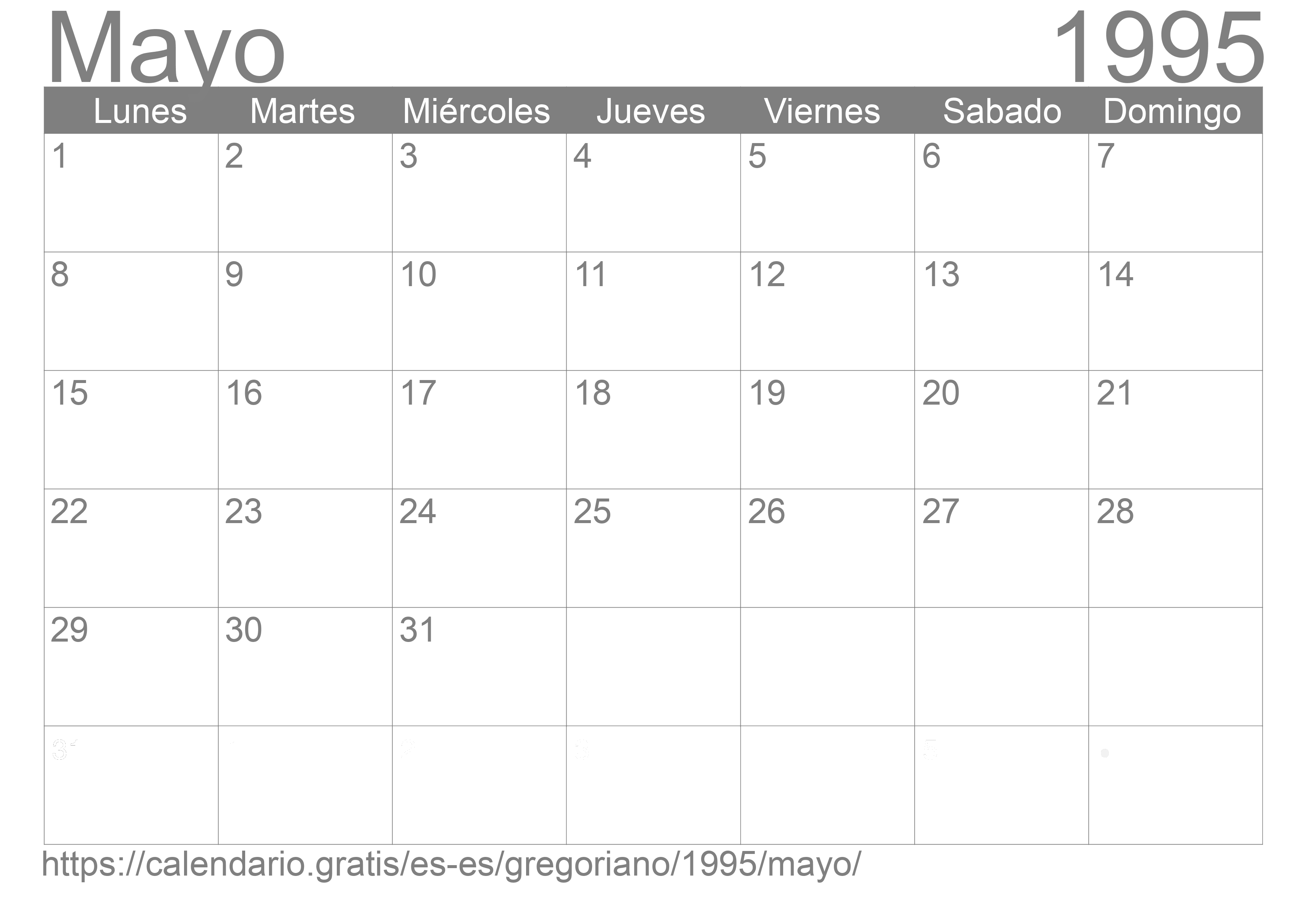 Calendario Mayo 1995 para imprimir