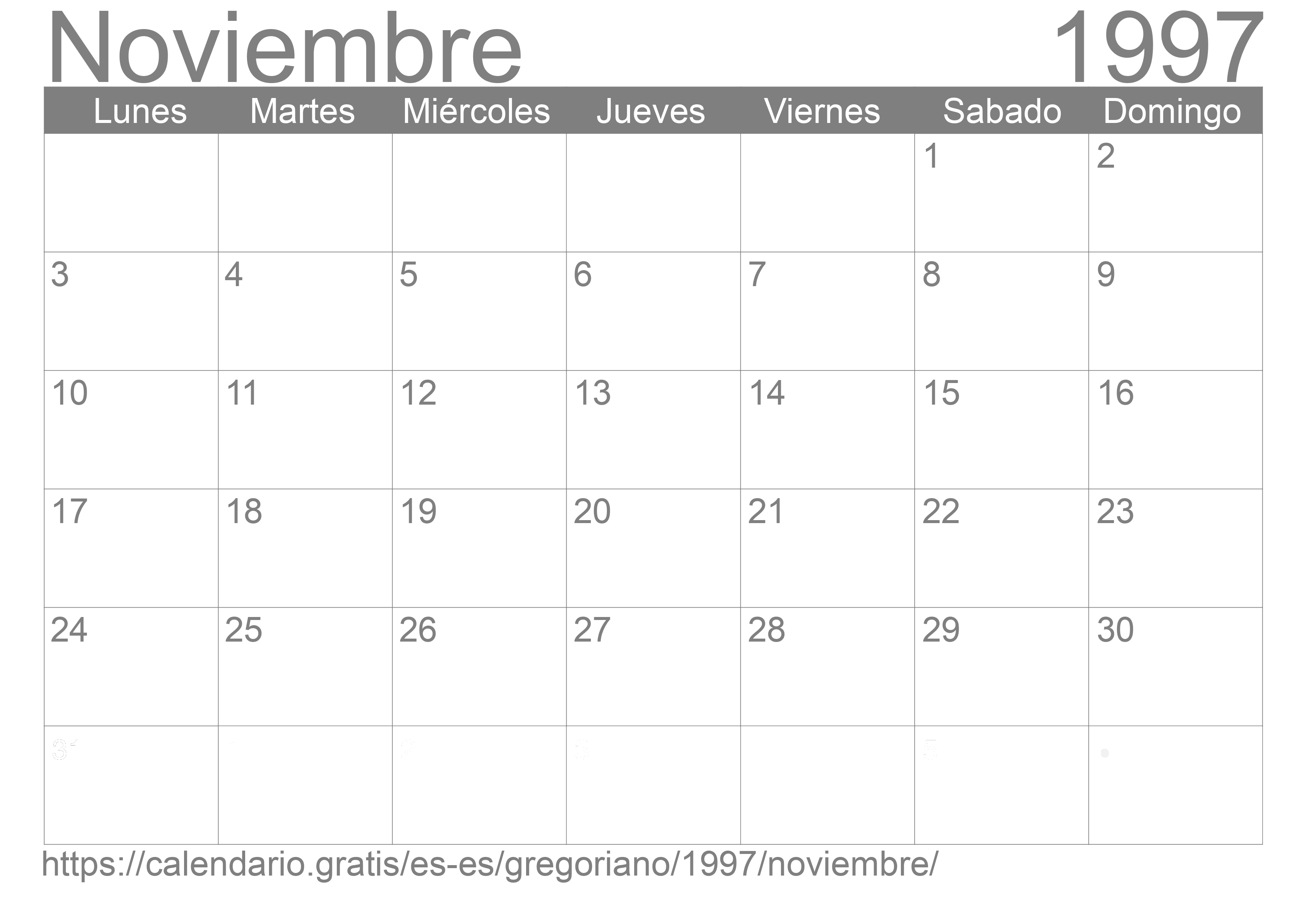 Calendario Noviembre 1997 para imprimir