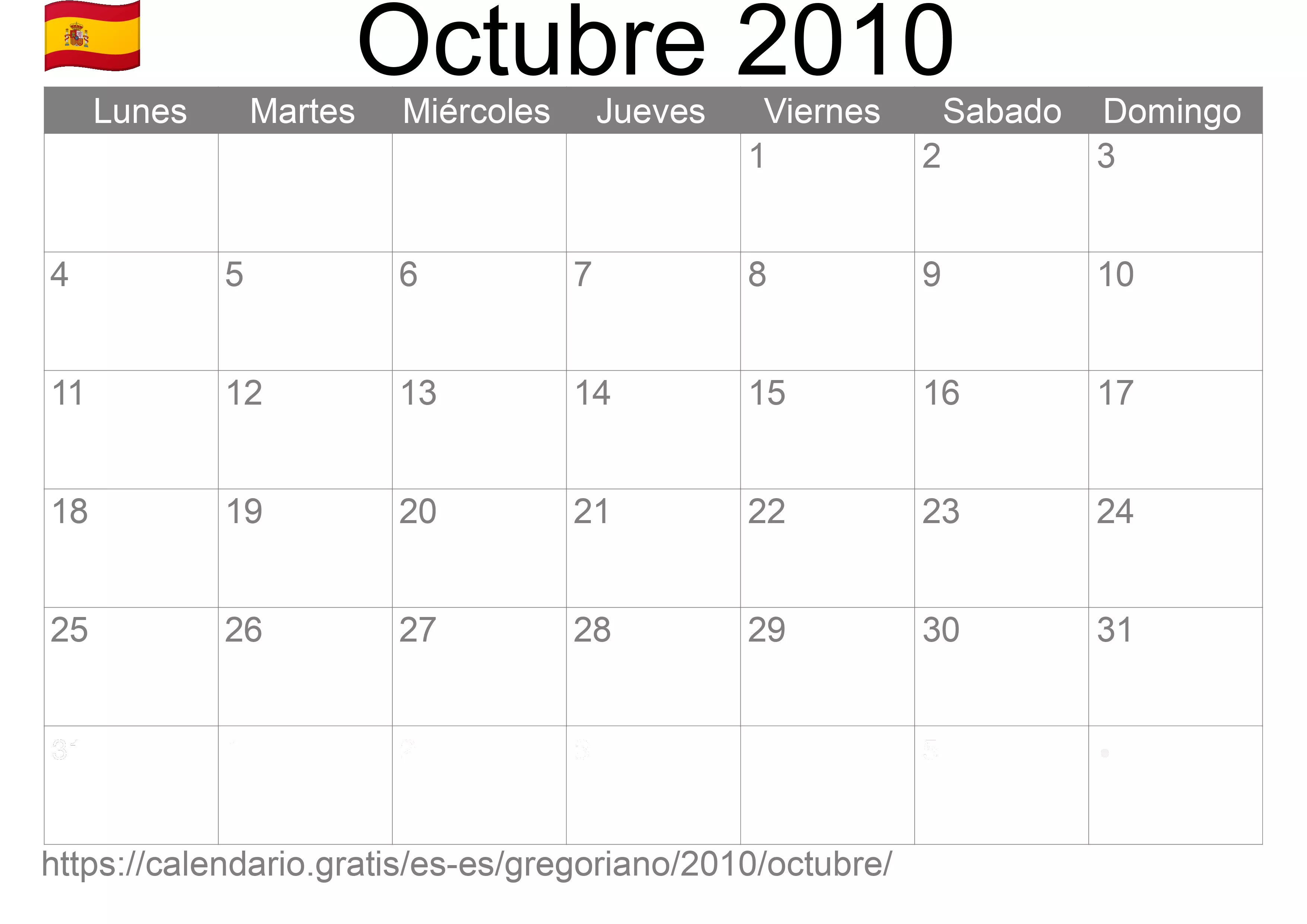 Calendario Octubre 2010 para imprimir (España)