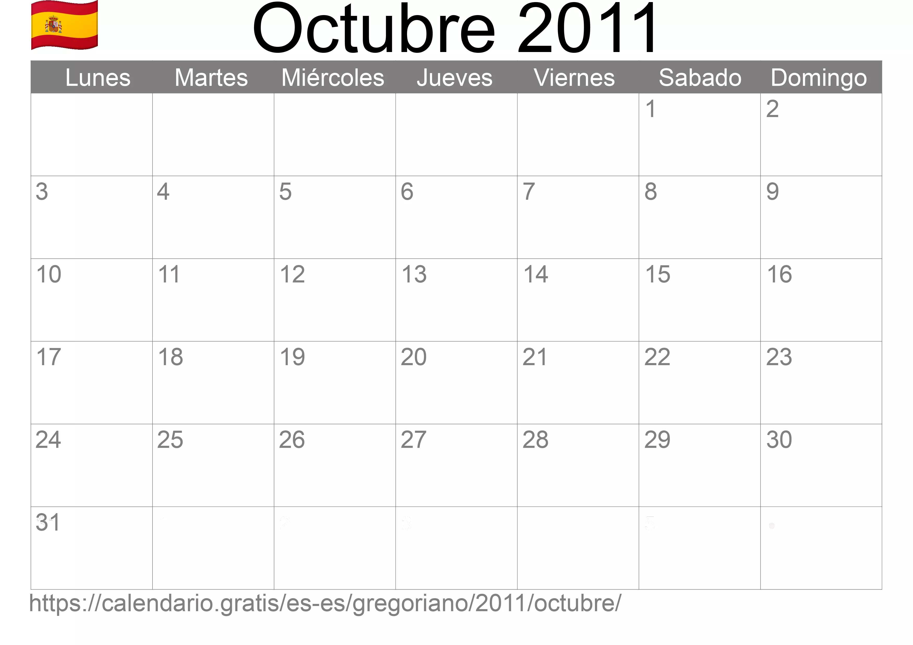 Calendario Octubre 2011 para imprimir (España) Calendario Octubre 2011 para imprimir (España)