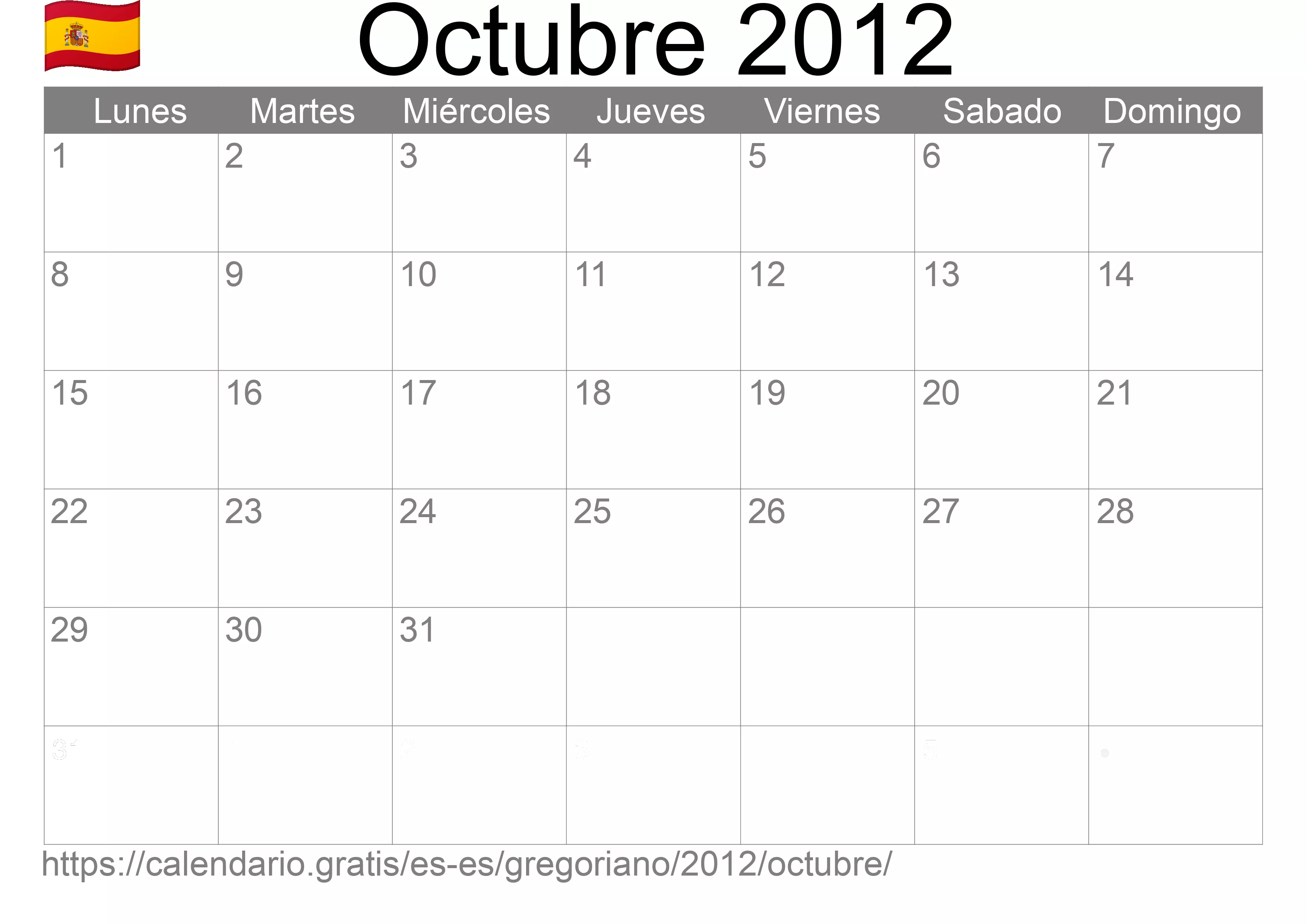 Calendario Octubre 2012 para imprimir (España)