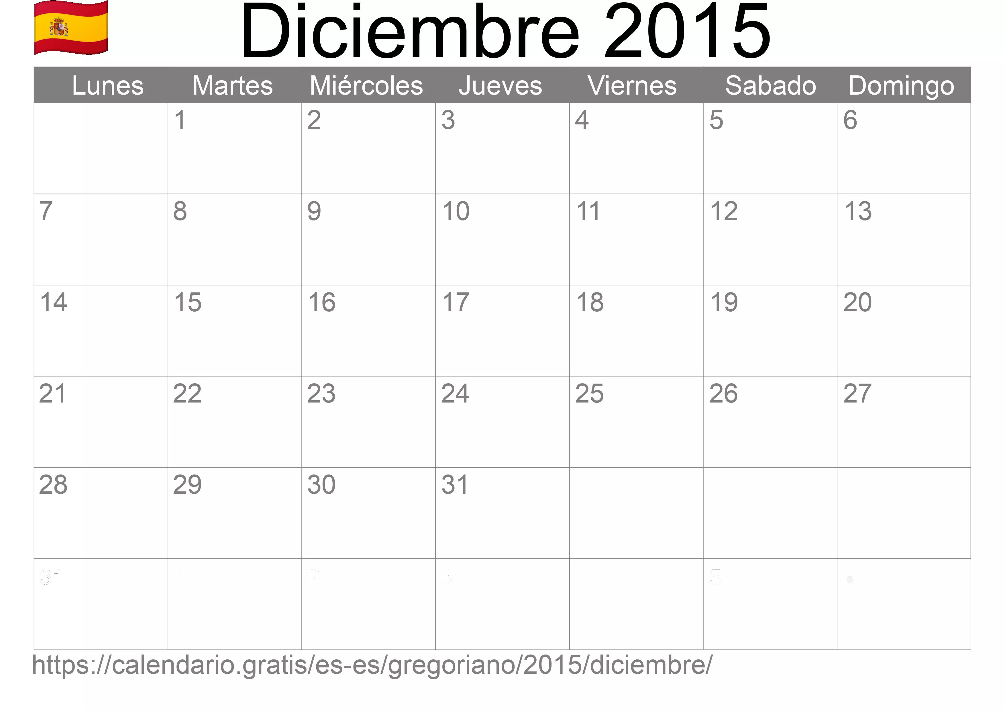 Calendario Diciembre 2015 para imprimir (España)