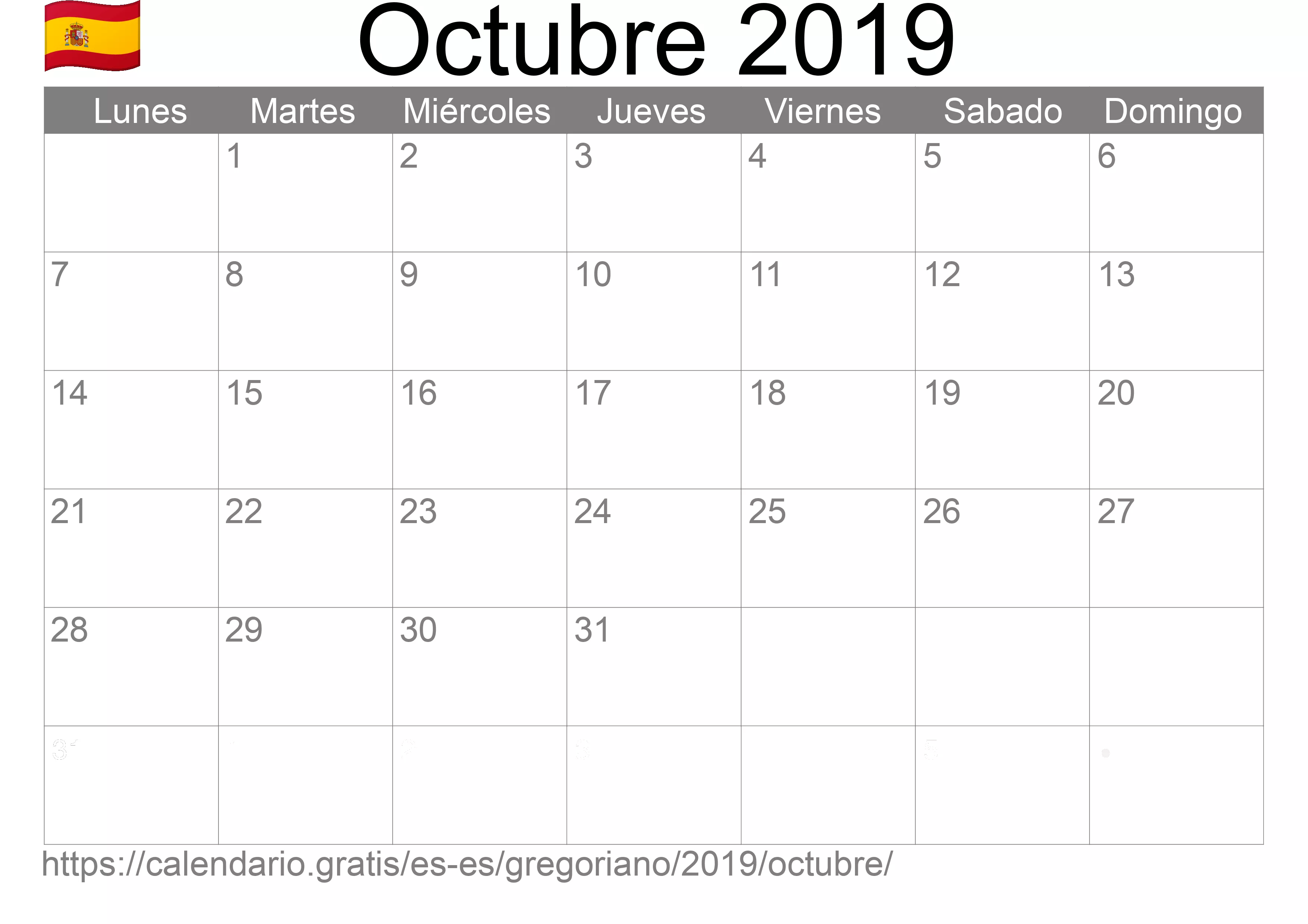 Calendario Octubre 2019 para imprimir (España) Calendario Octubre 2019 para imprimir (España)