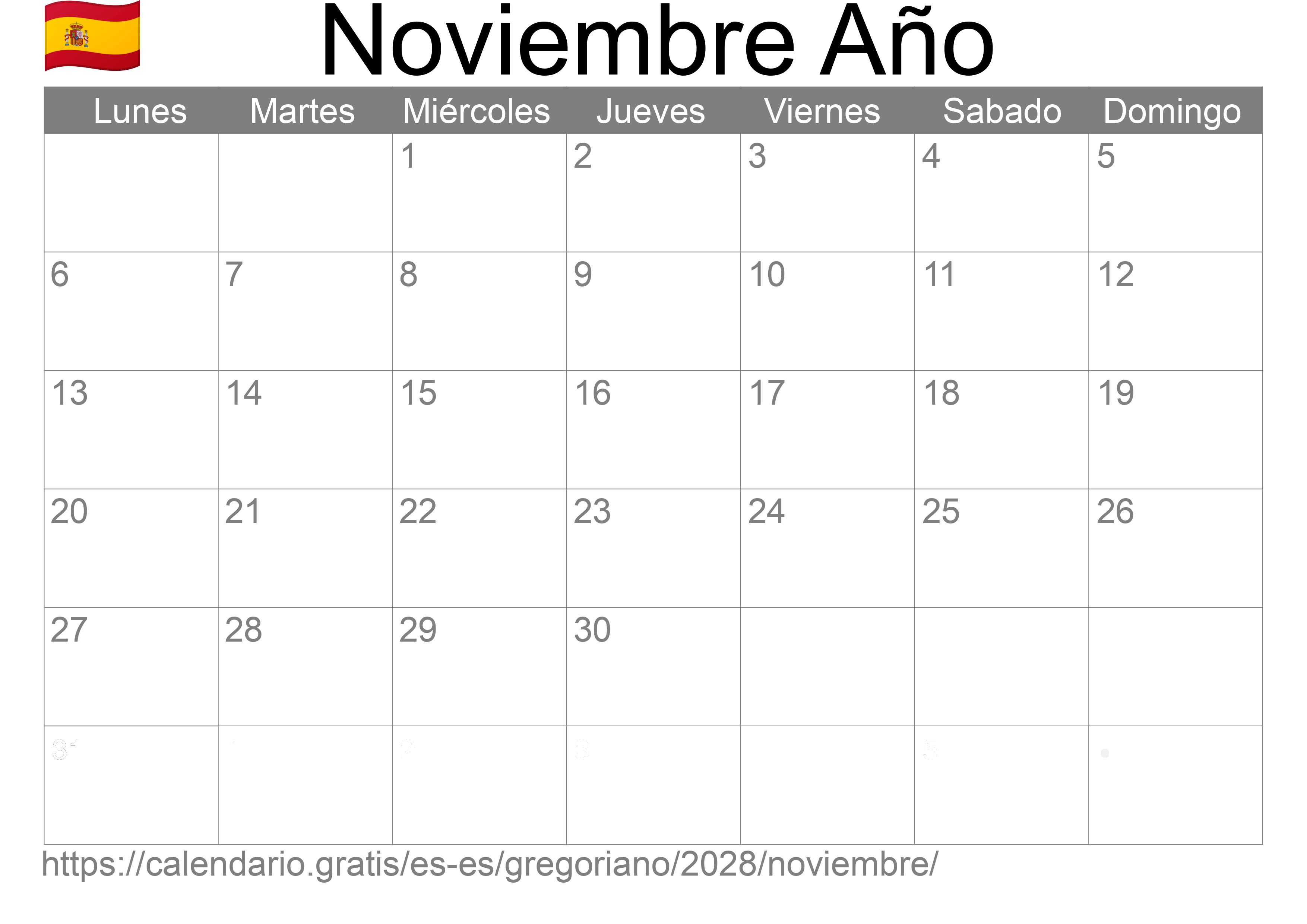 Calendario Noviembre 2028 para imprimir