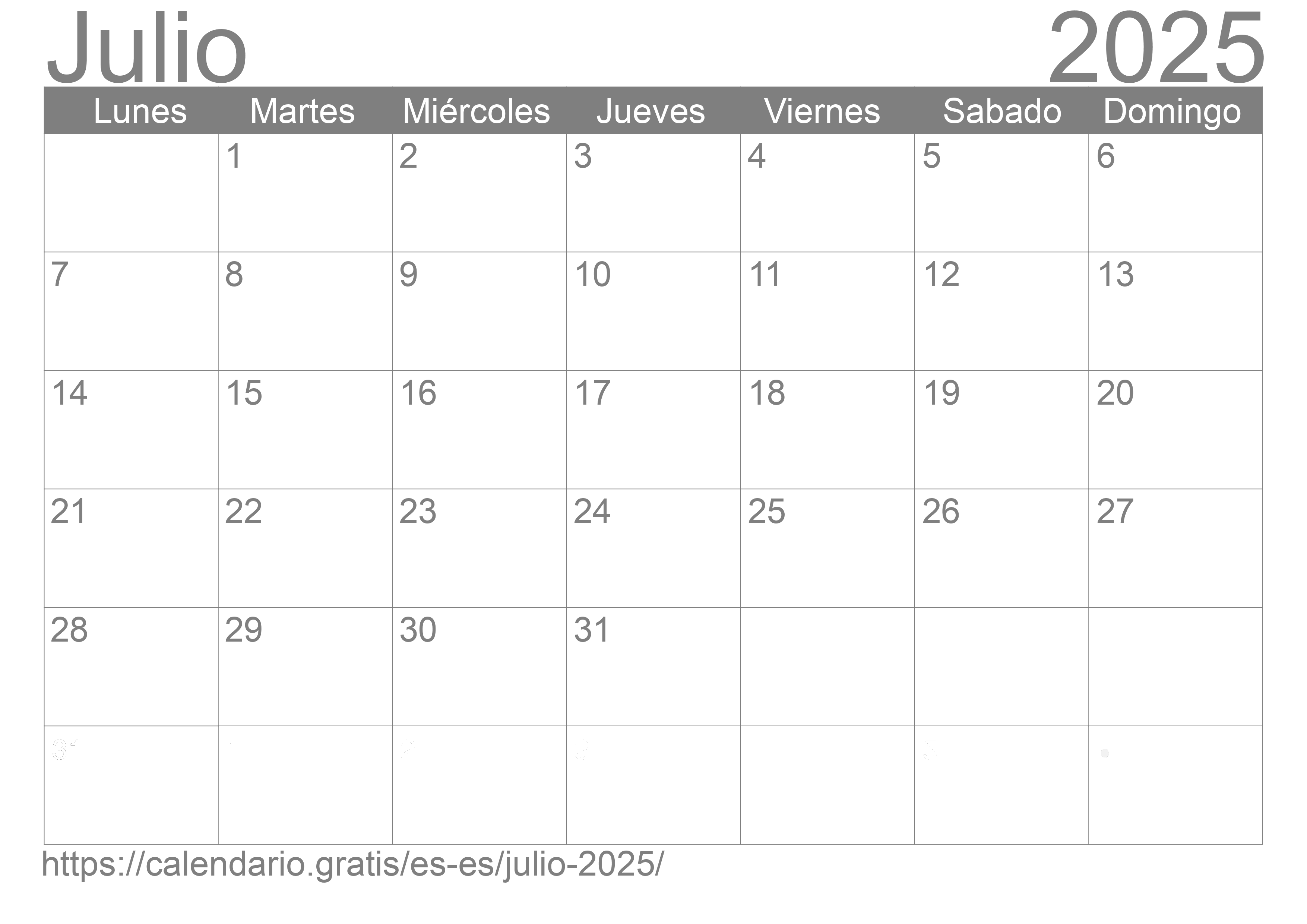 Calendario Julio 2025 de España en español ☑️ Calendario.Gratis