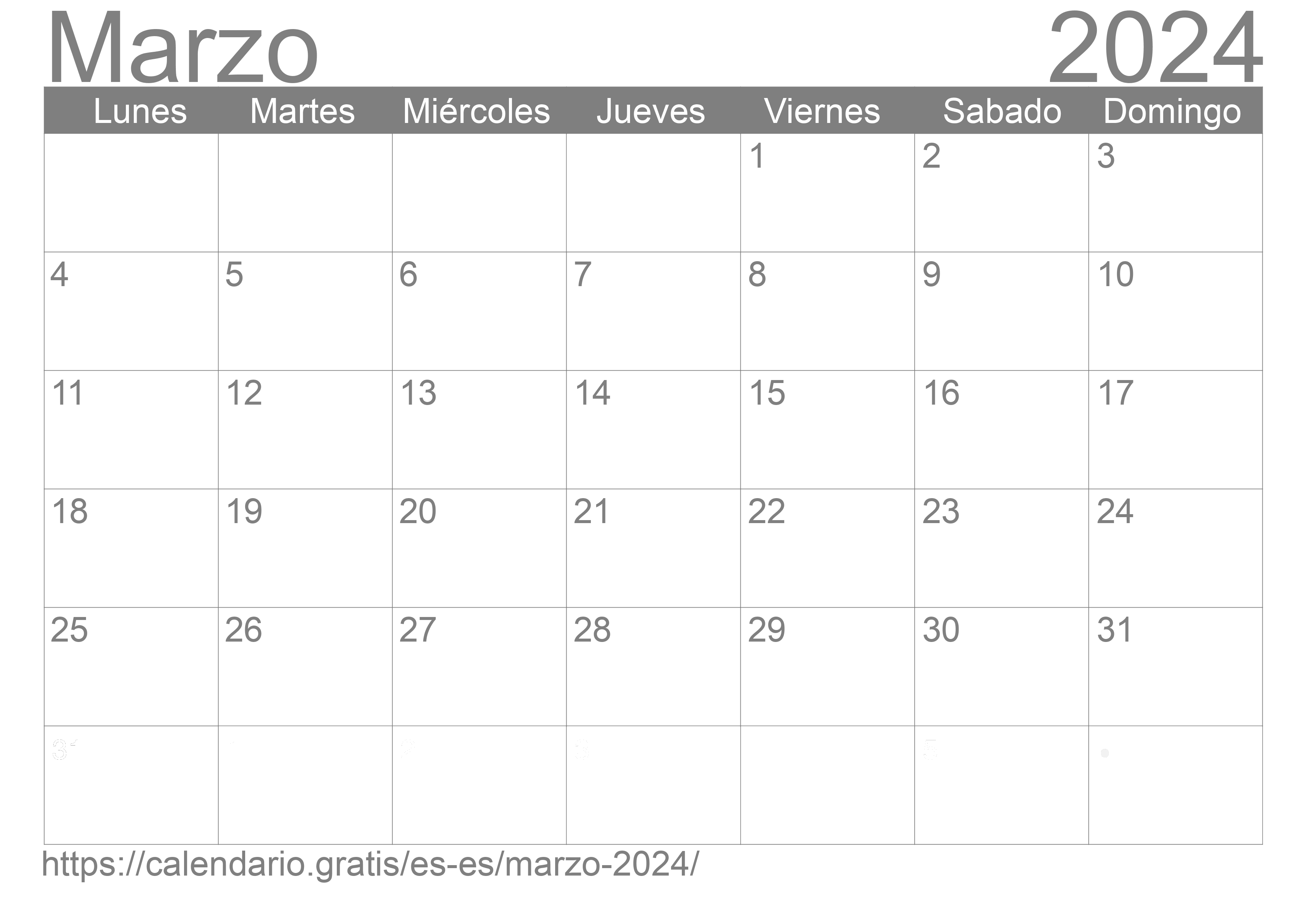 Calendario Marzo 2024 de España en español ☑️ Calendario.Gratis