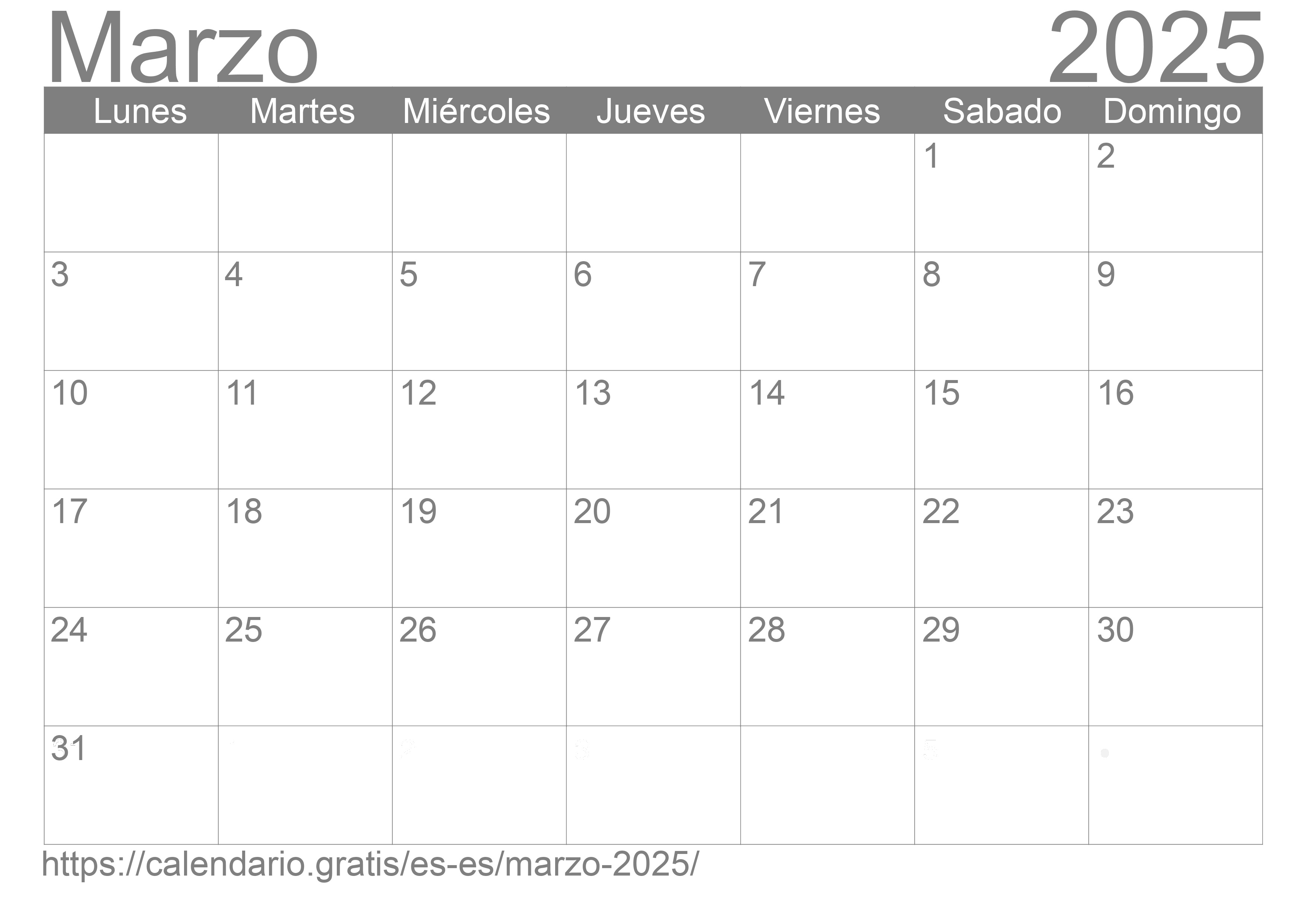 Calendario Marzo 2025 de España en español ☑️ Calendario.Gratis