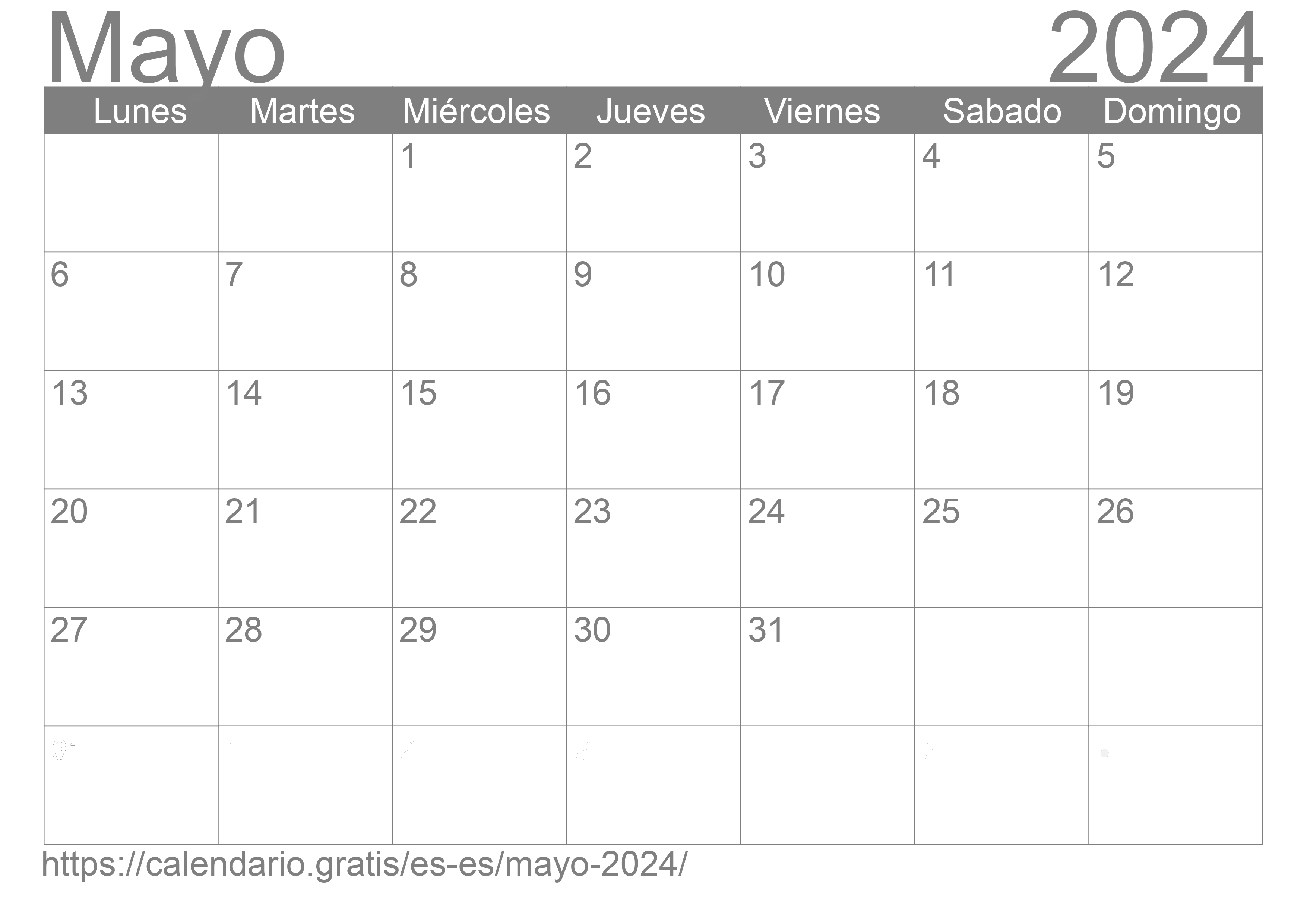Calendario Mayo 2024 de España en español ☑️ Calendario.Gratis