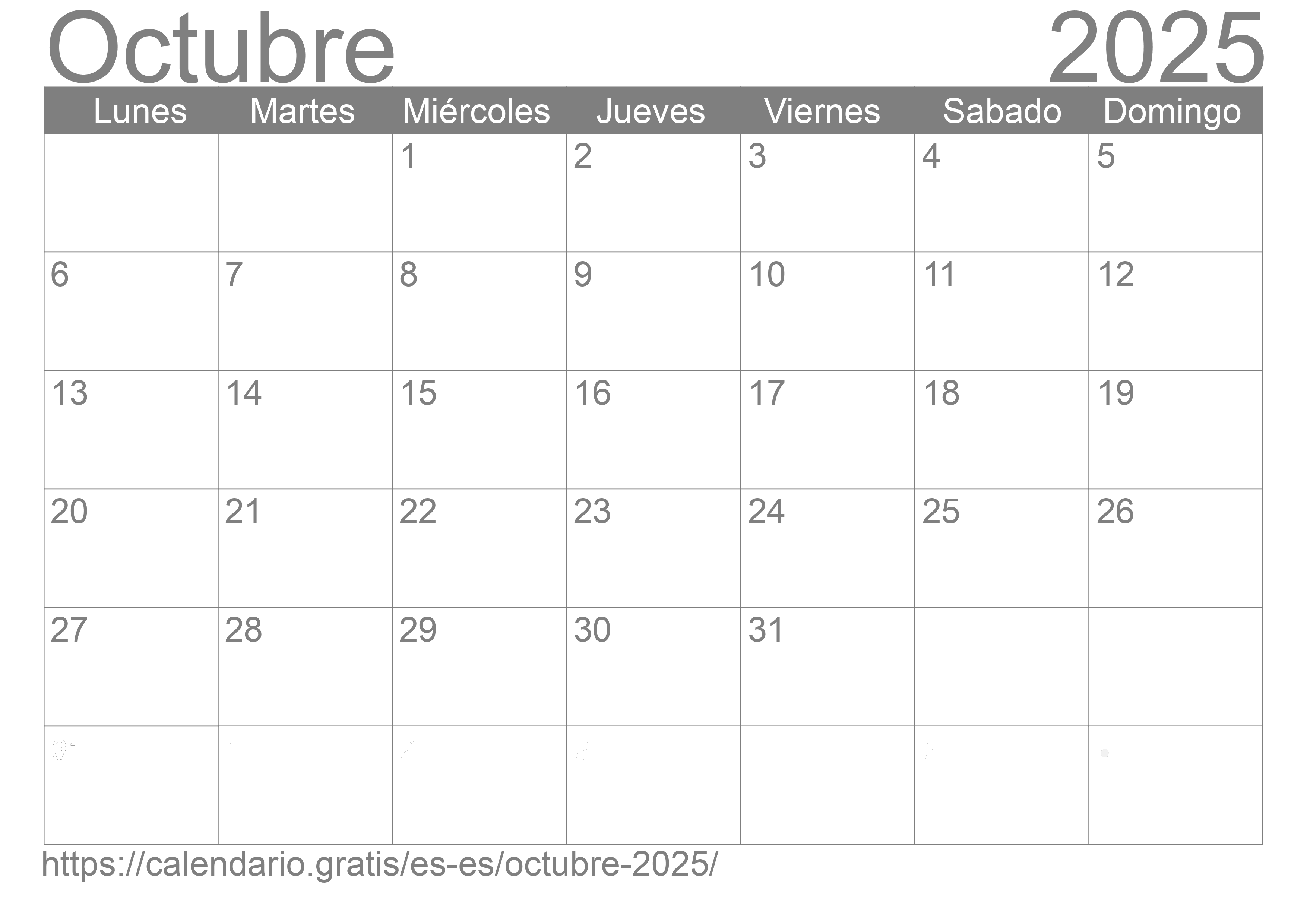 Calendario Octubre 2025 de España en español ☑️ Calendario.Gratis
