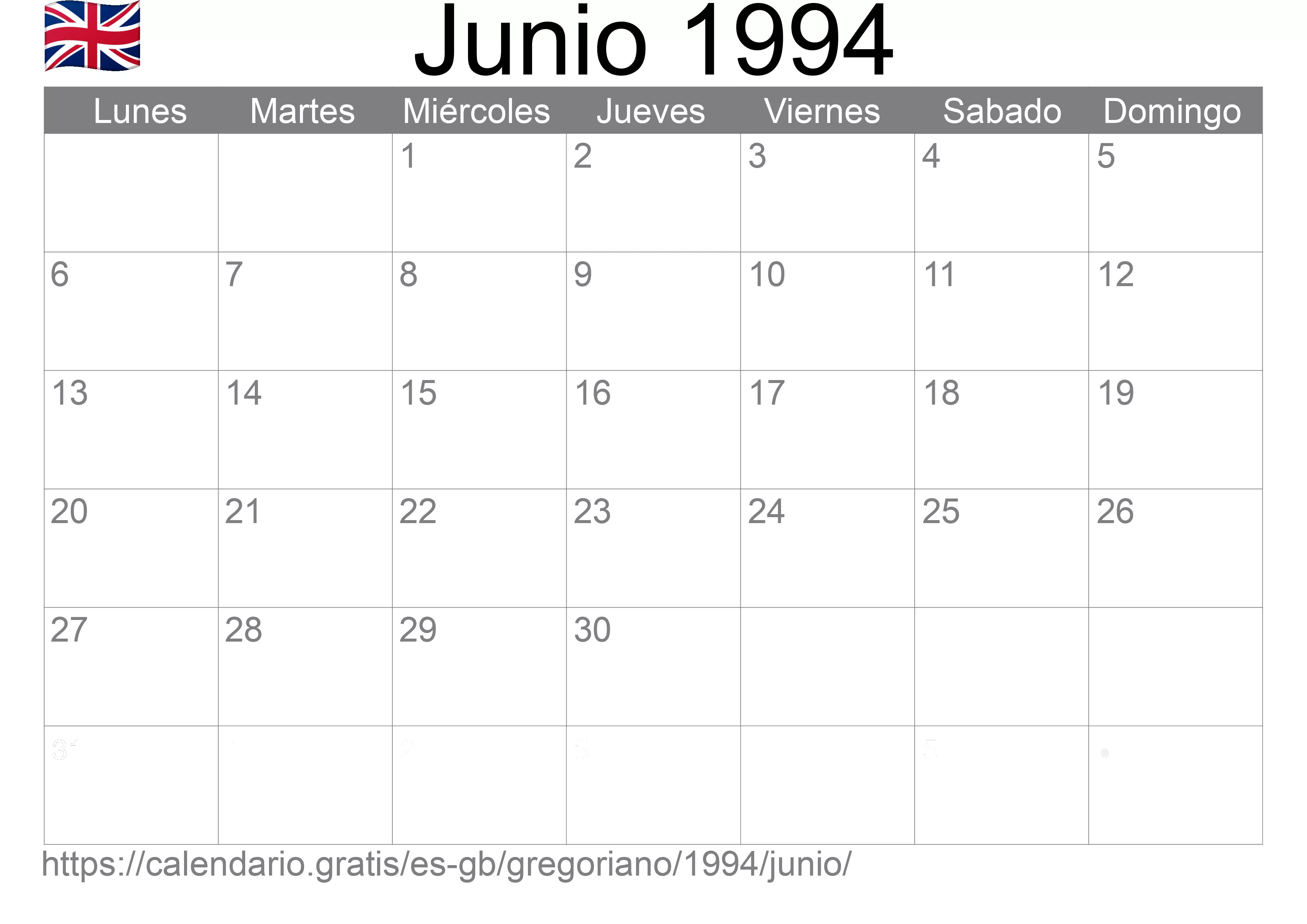 Calendario Junio 1994 para imprimir (Reino Unido)