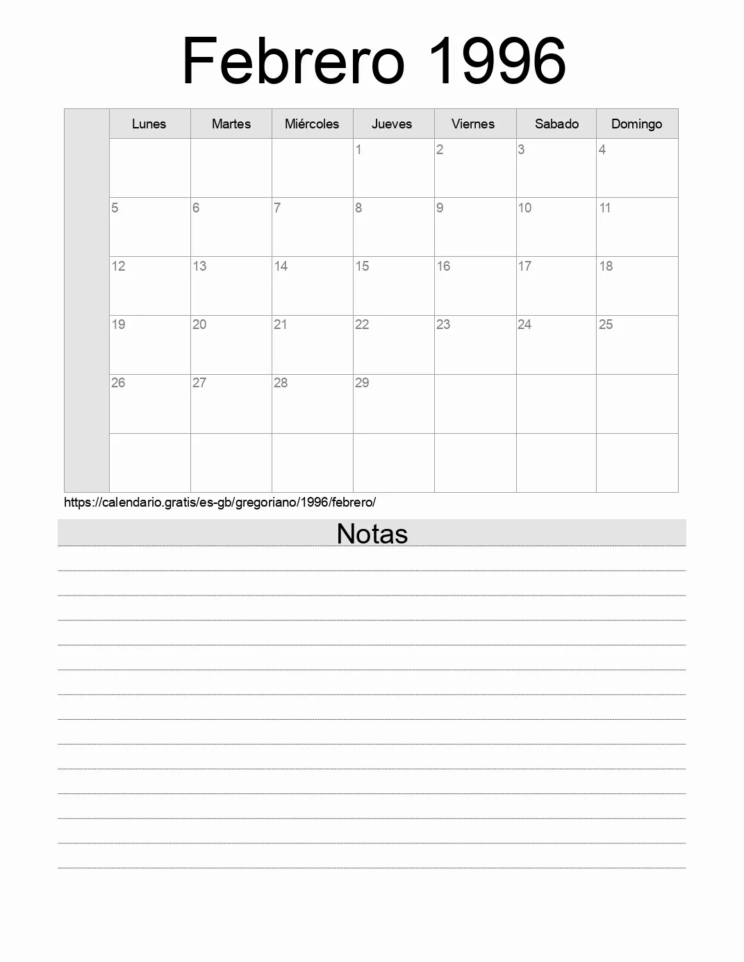 Calendario Febrero 1996 para imprimir con notas. (Reino Unido)