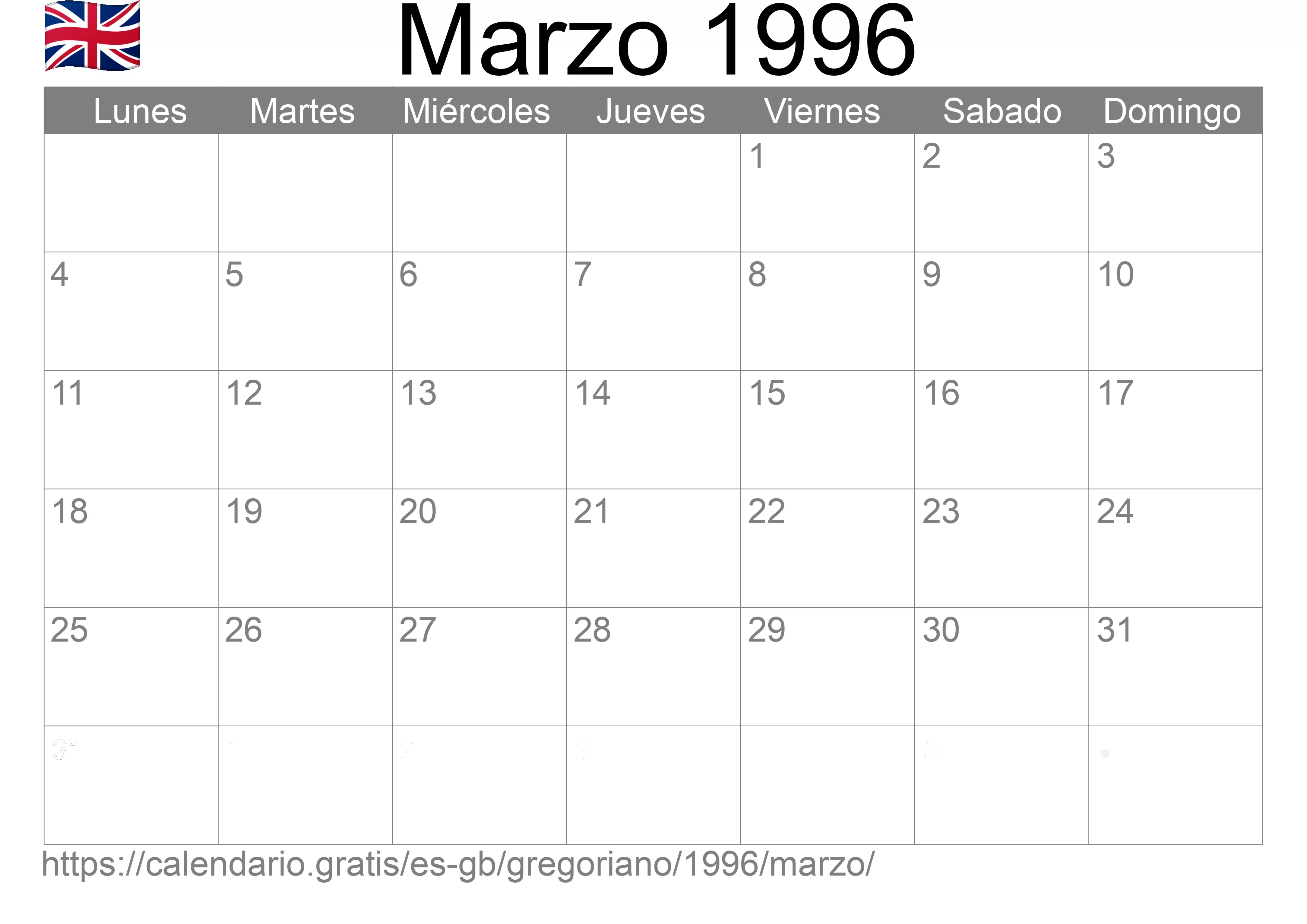 Calendario Marzo 1996 para imprimir (Reino Unido)