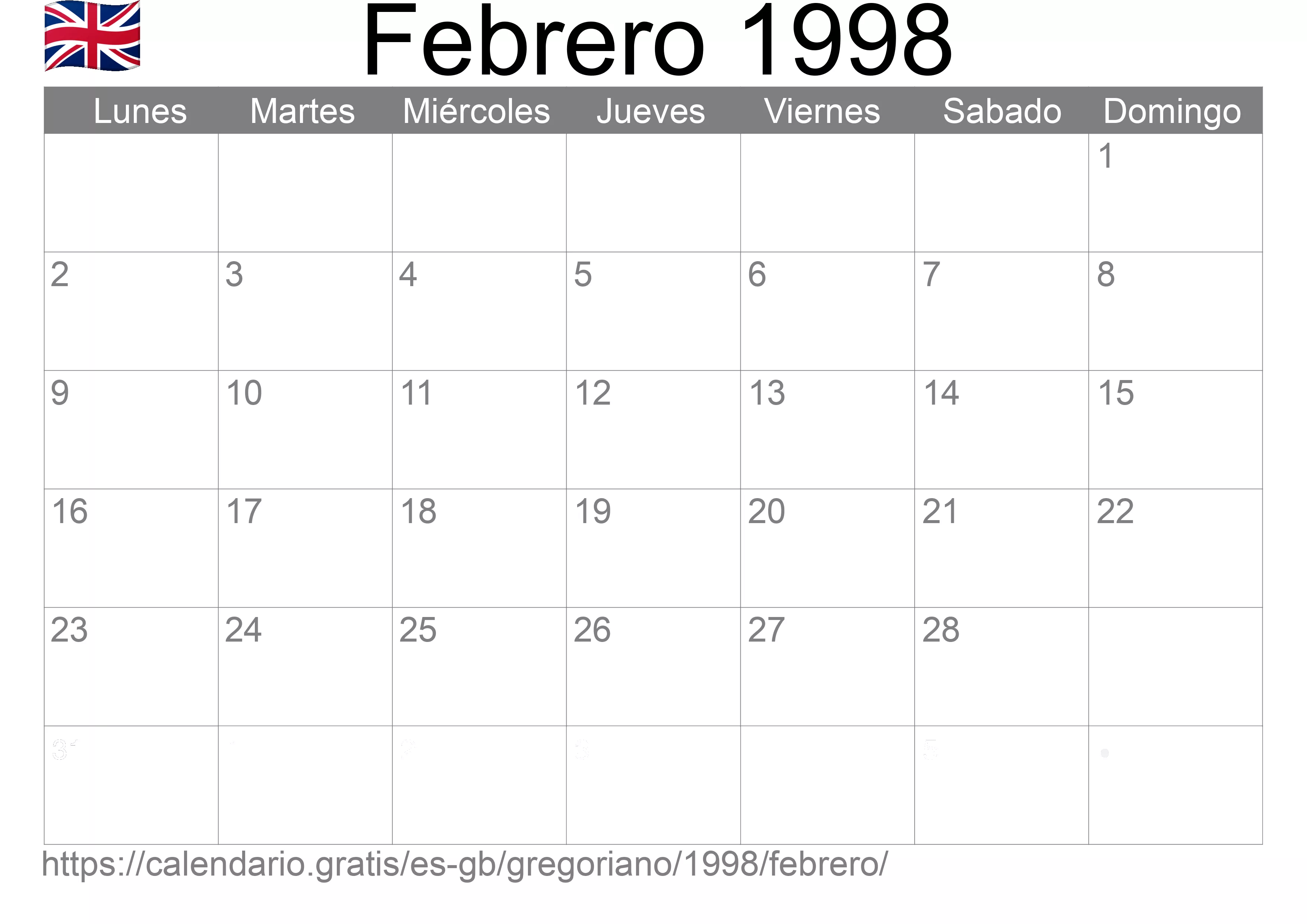 Calendario Febrero 1998 para imprimir (Reino Unido)