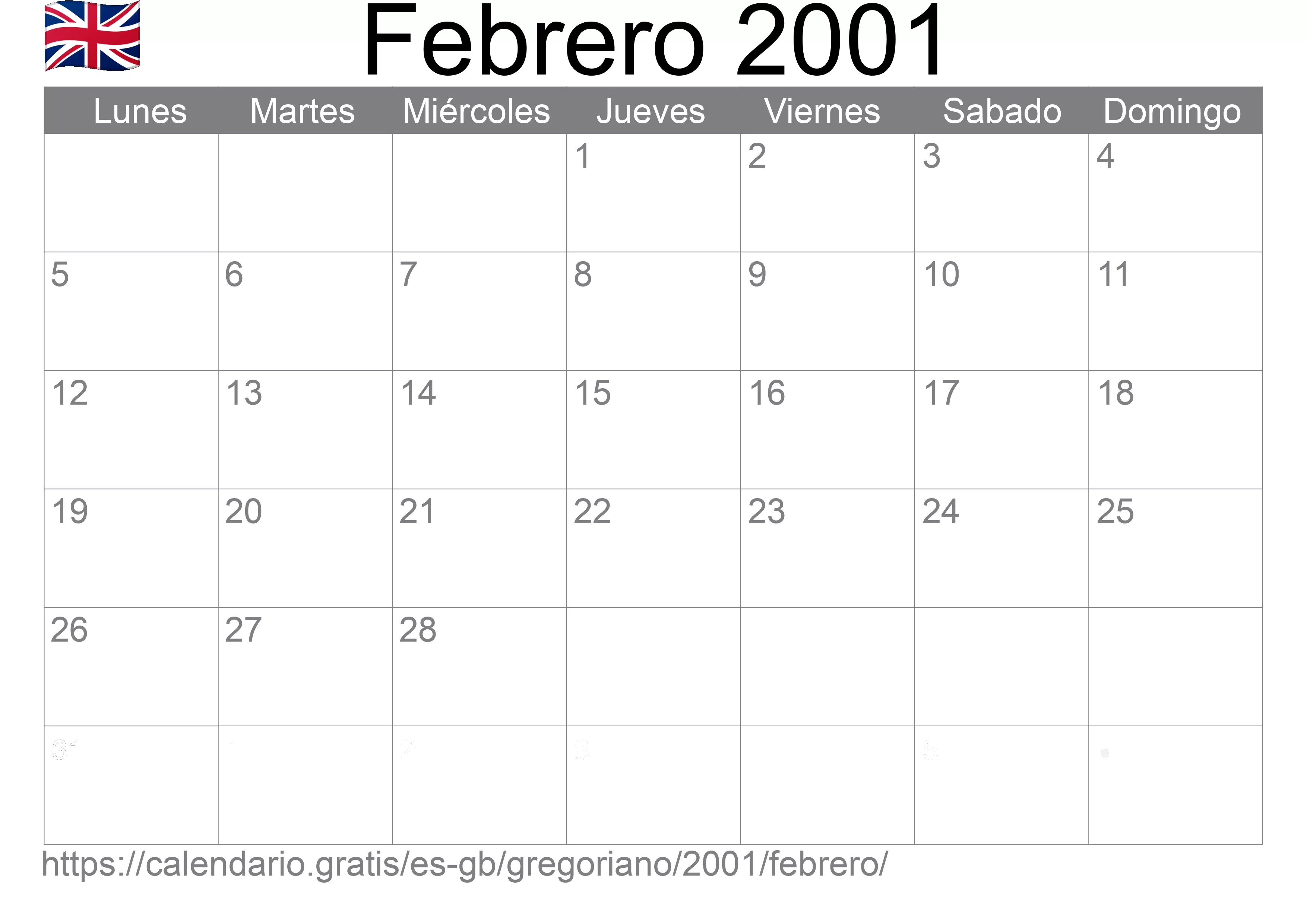 Calendario Febrero 2001 para imprimir (Reino Unido)