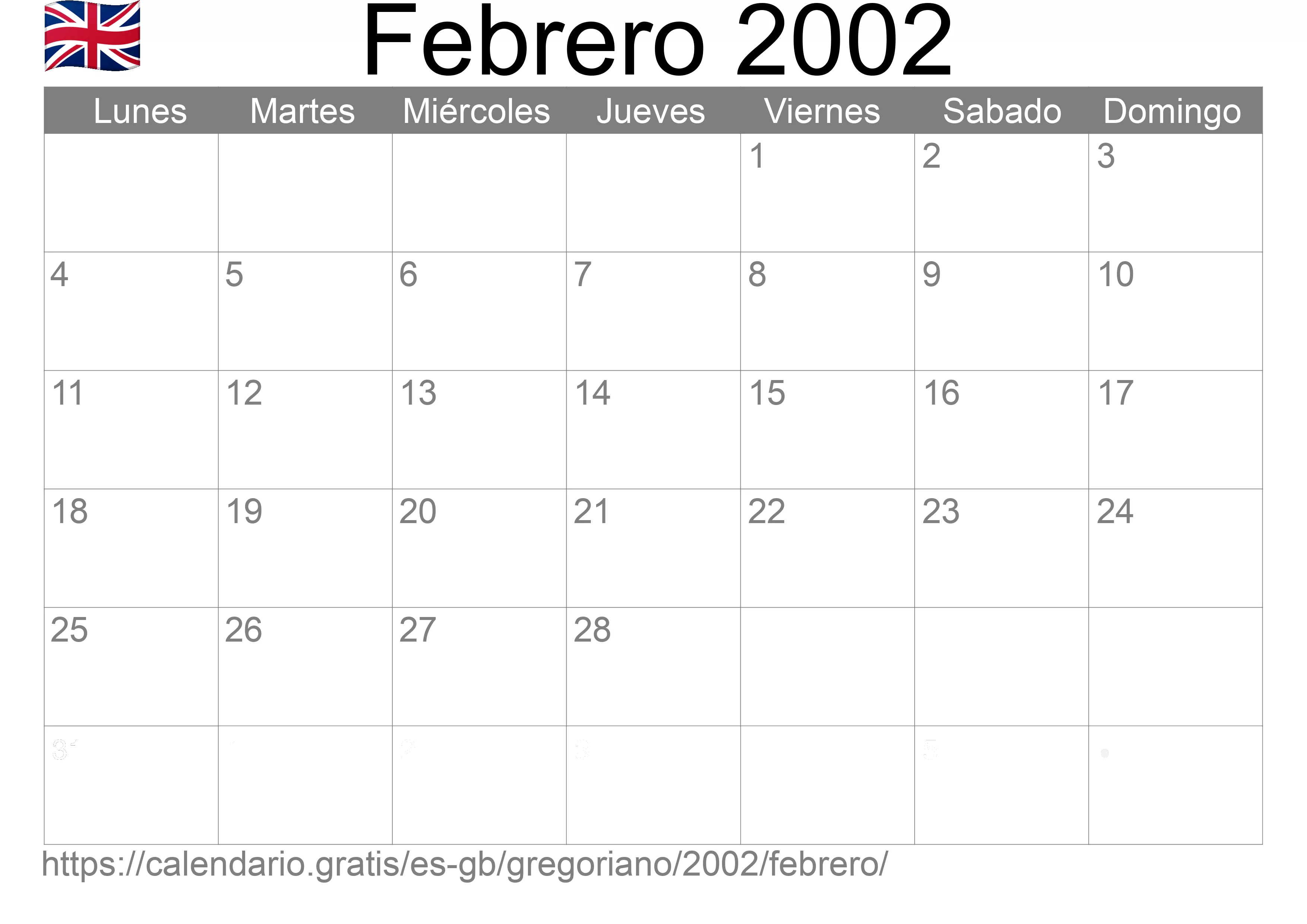 Calendario Febrero 2002 para imprimir (Reino Unido)