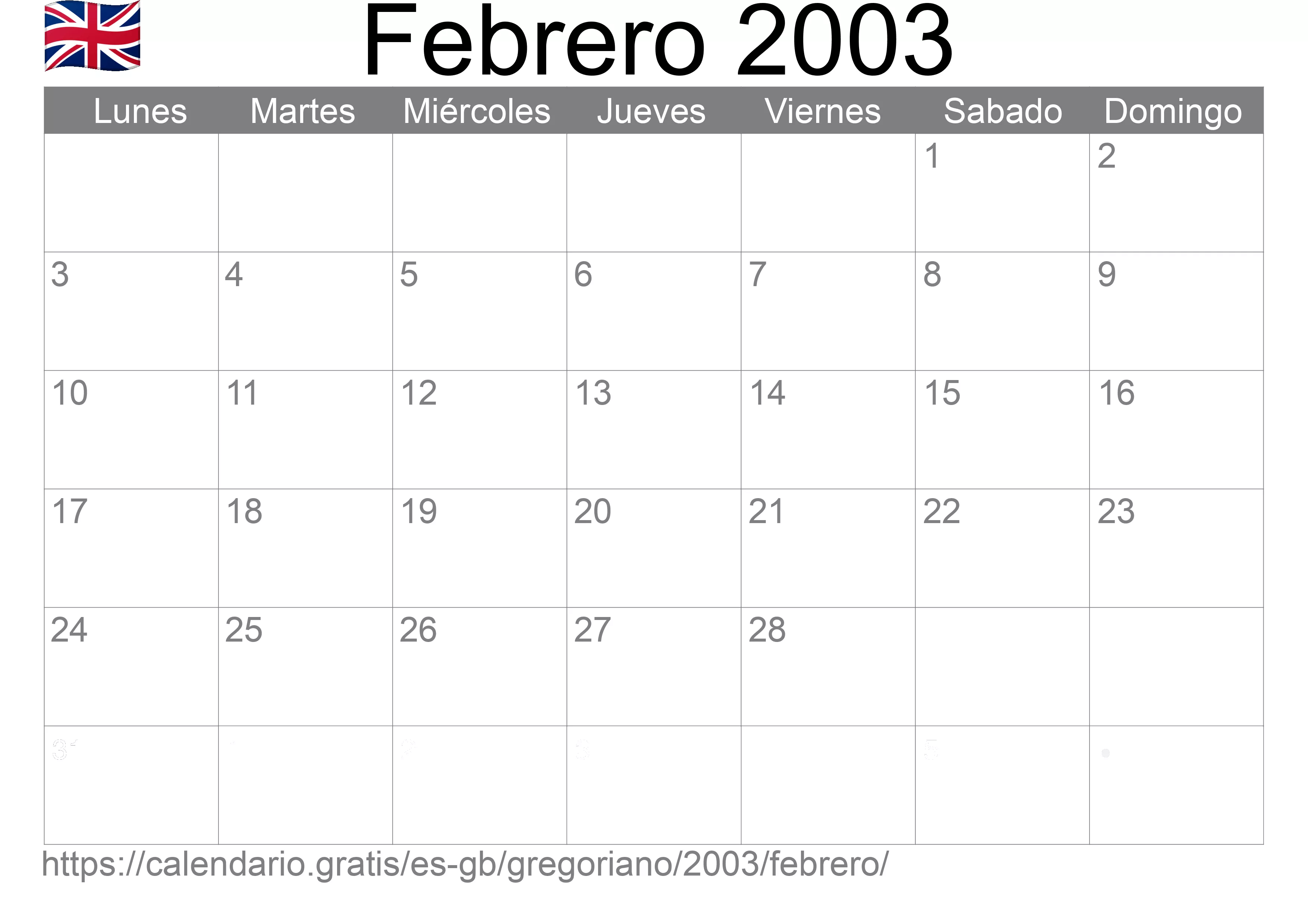 Calendario Febrero 2003 para imprimir (Reino Unido)