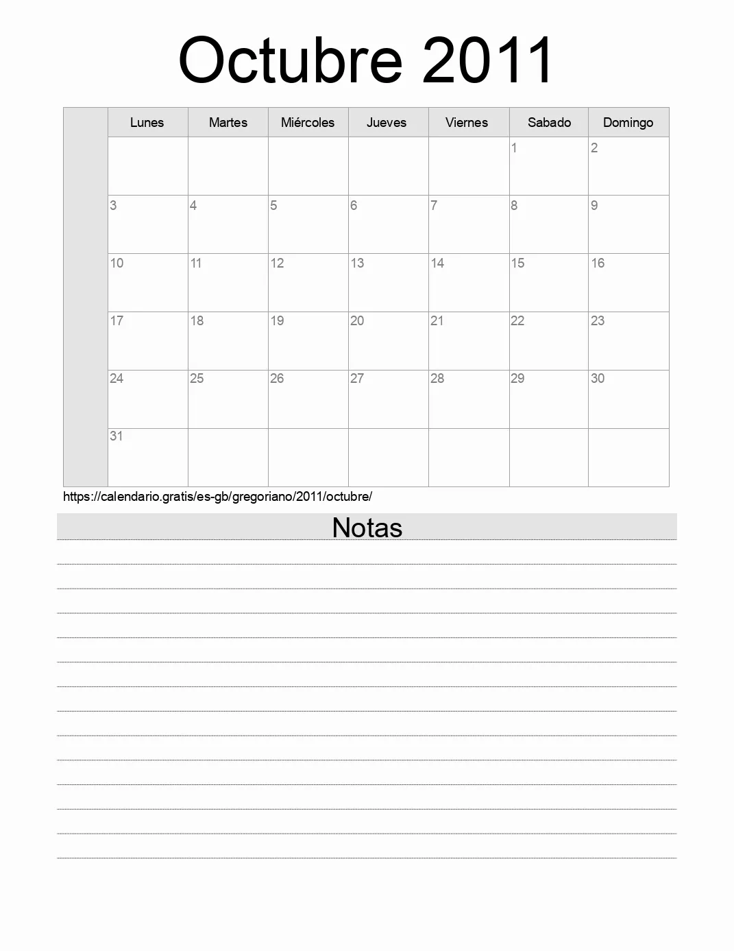 Calendario Octubre 2011 para imprimir con notas. (Reino Unido)