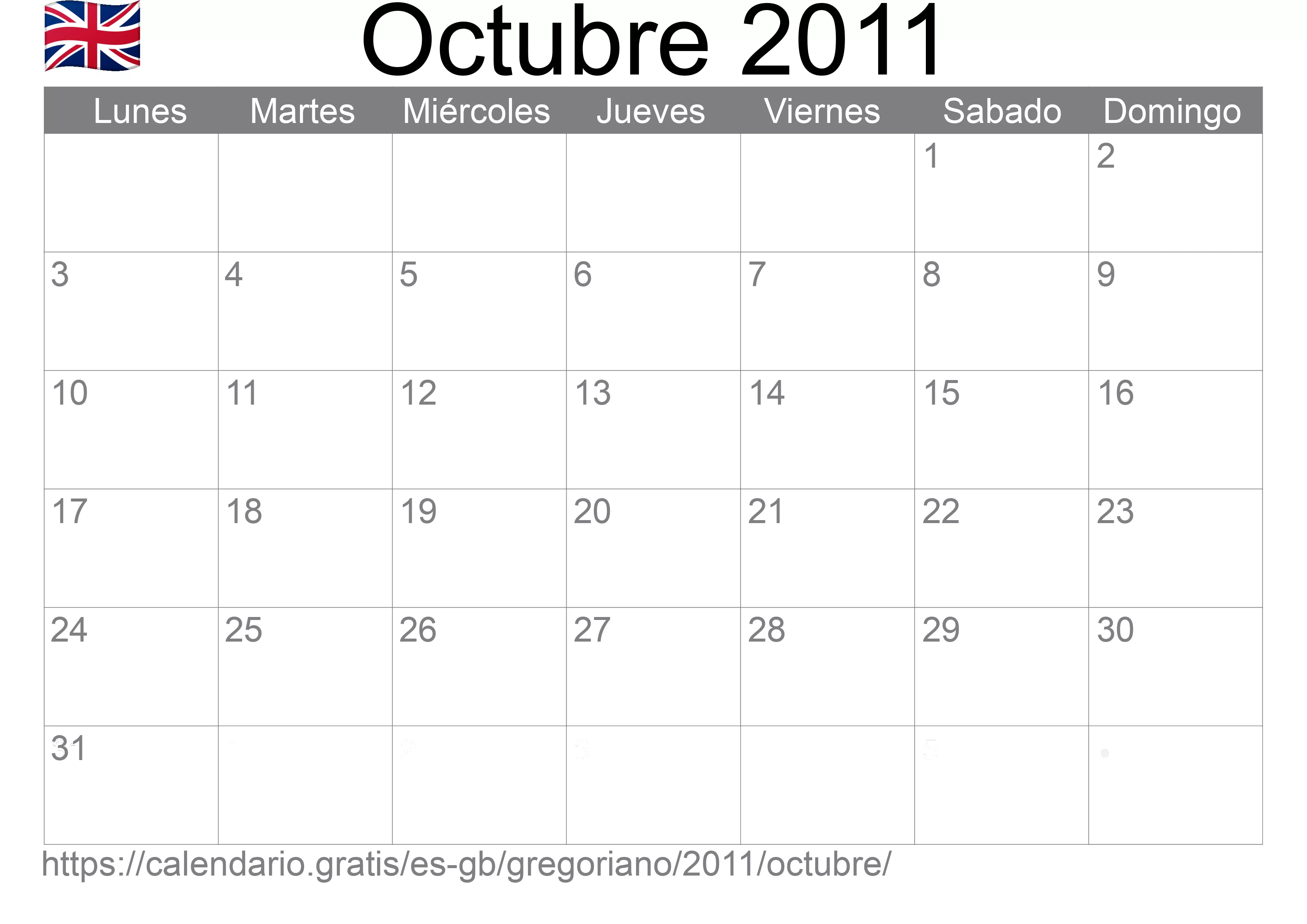 Calendario Octubre 2011 para imprimir (Reino Unido)