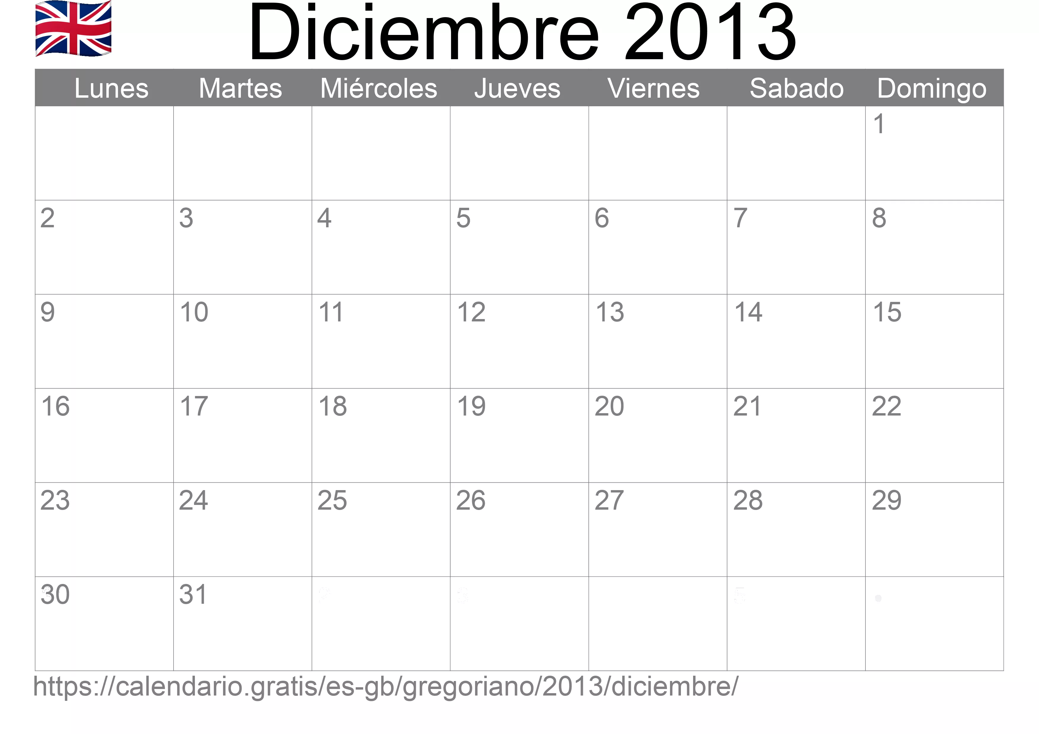 Calendario Diciembre 2013 para imprimir (Reino Unido)