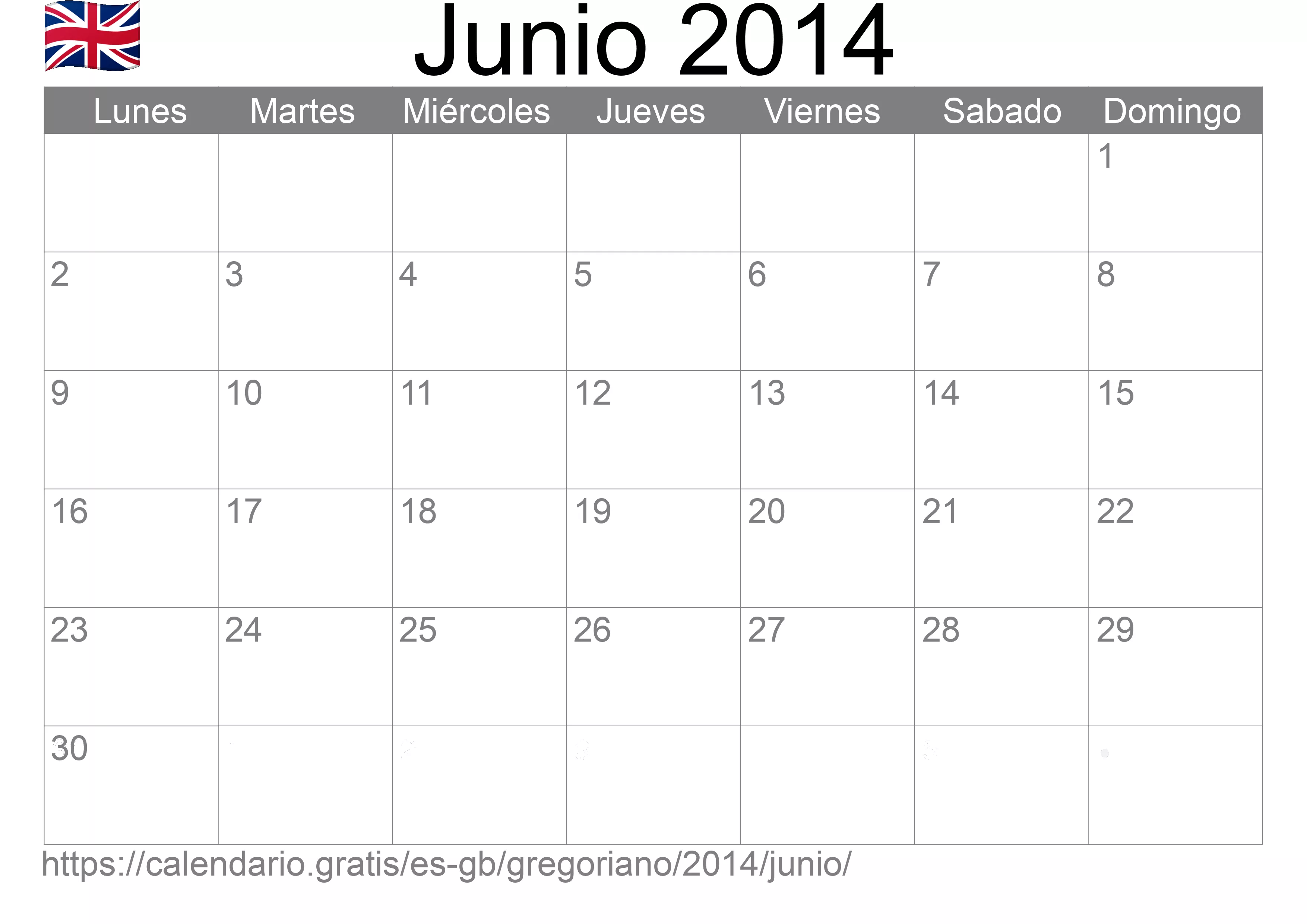 Calendario Junio 2014 para imprimir (Reino Unido)