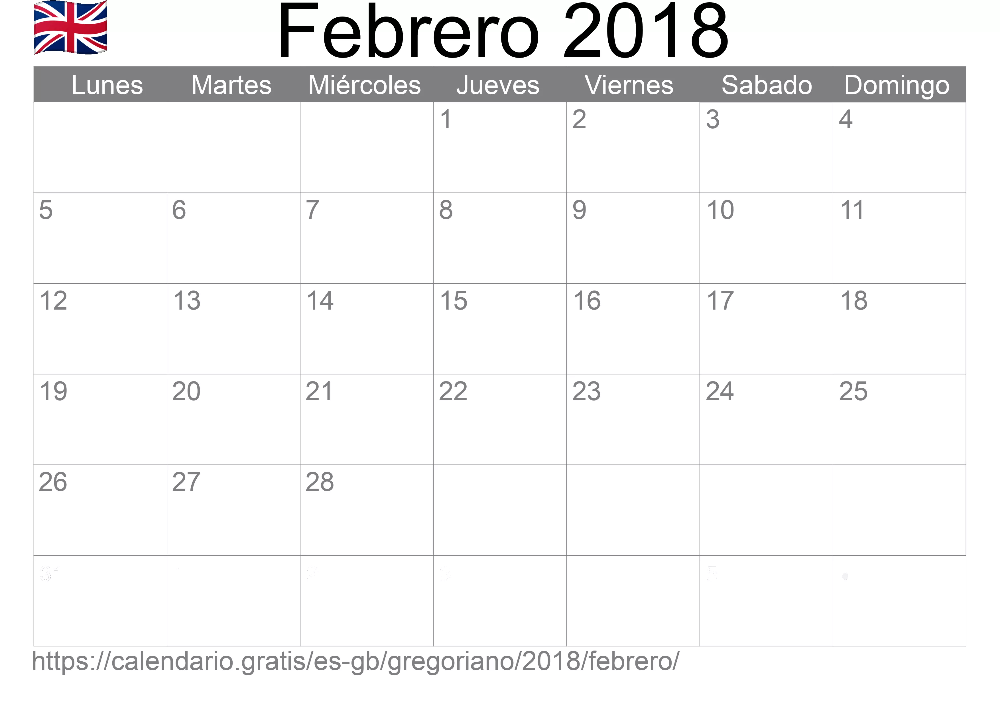 Calendario Febrero 2018 para imprimir (Reino Unido) Calendario Febrero 2018 para imprimir (Reino Unido)