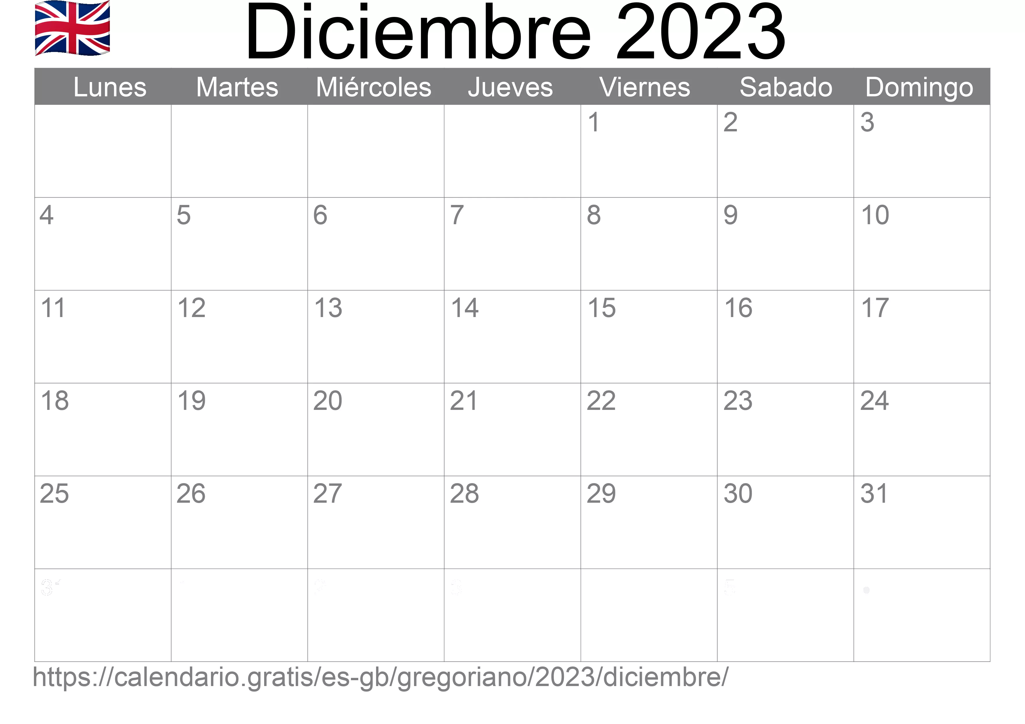 Calendario Diciembre 2023 para imprimir (Reino Unido)