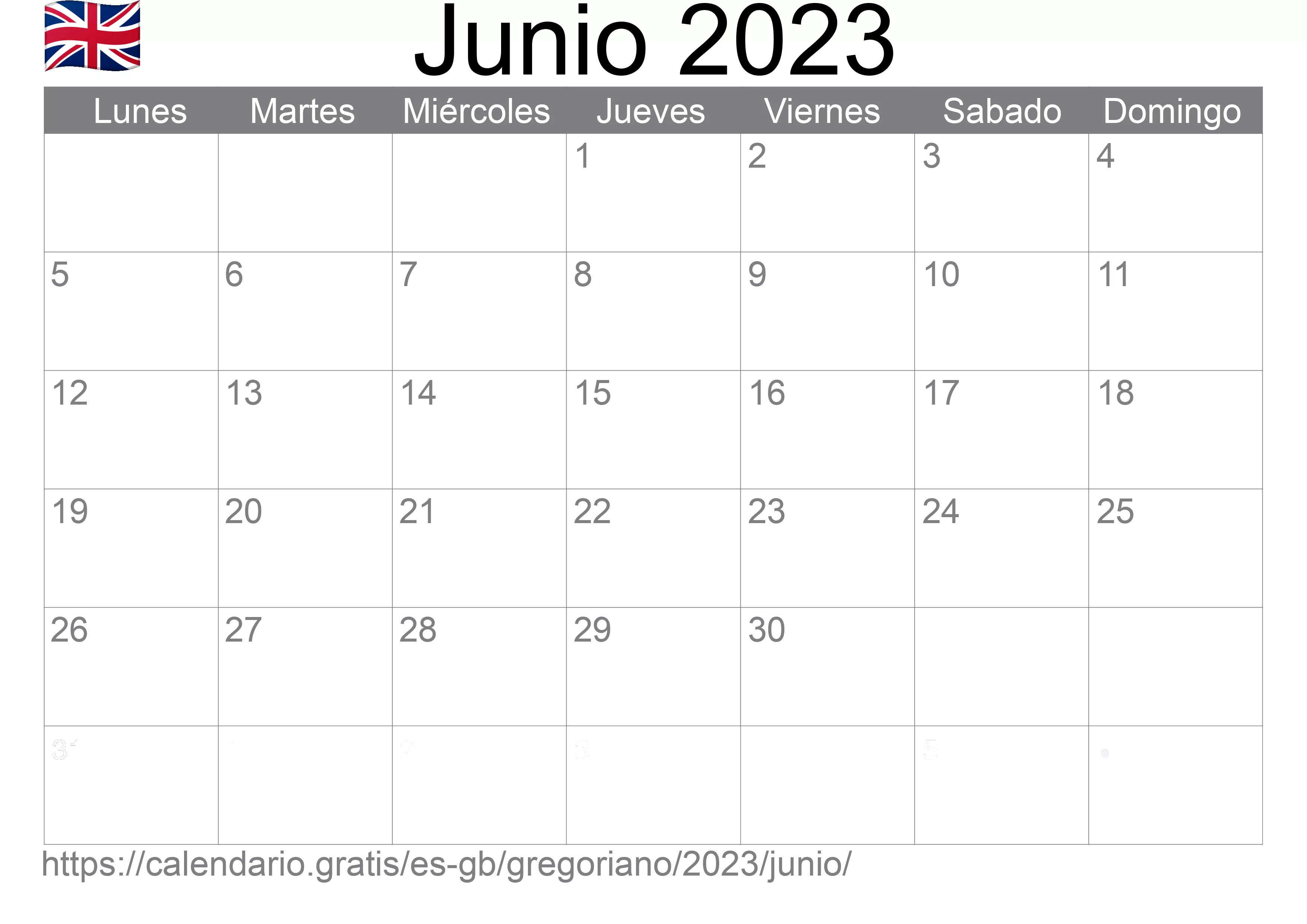 Calendario Junio 2023 para imprimir (Reino Unido)