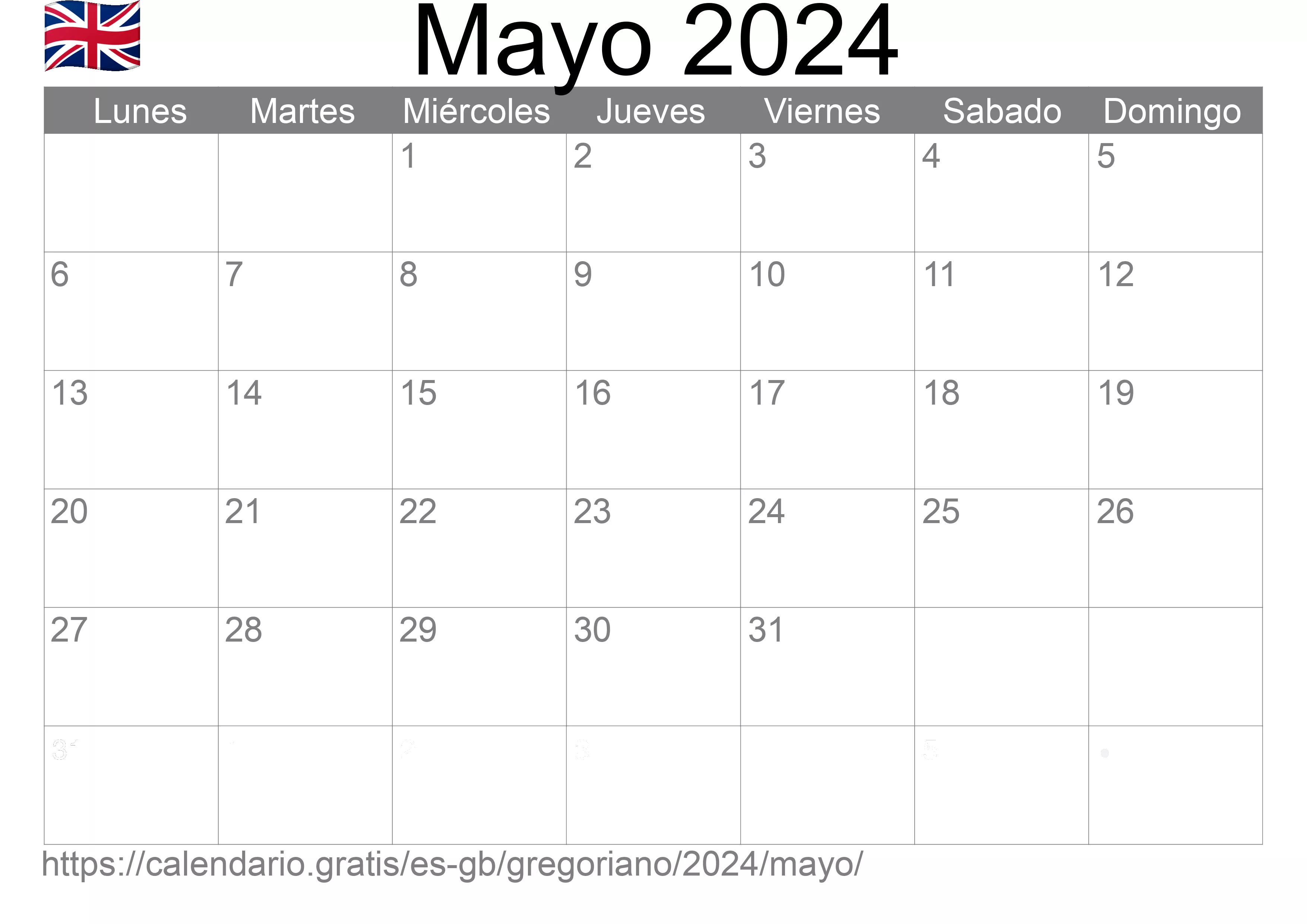 Calendario Mayo 2024 para imprimir (Reino Unido)