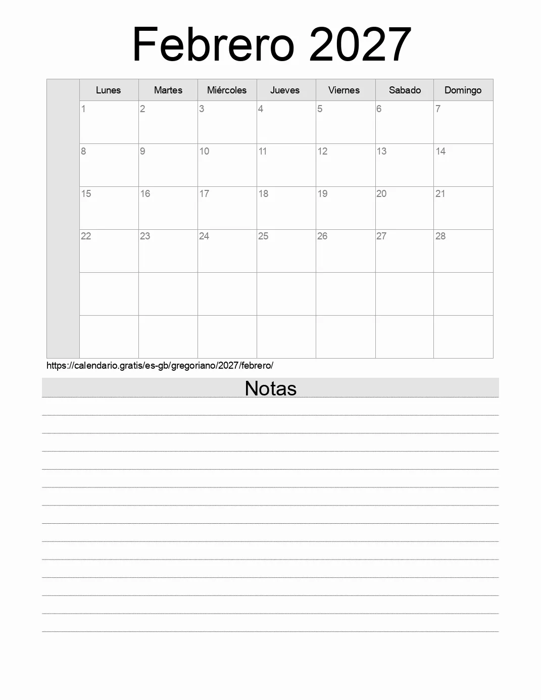 Calendario Febrero 2027 para imprimir con notas. (Reino Unido)