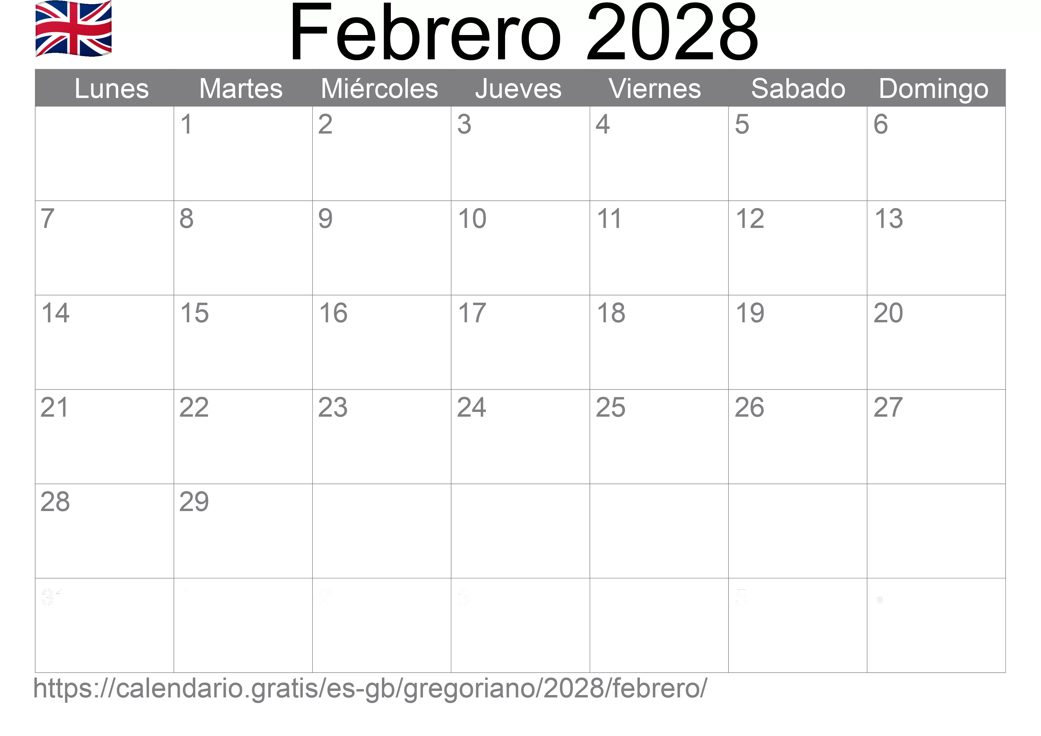 Calendario Febrero 2028 para imprimir (Reino Unido)