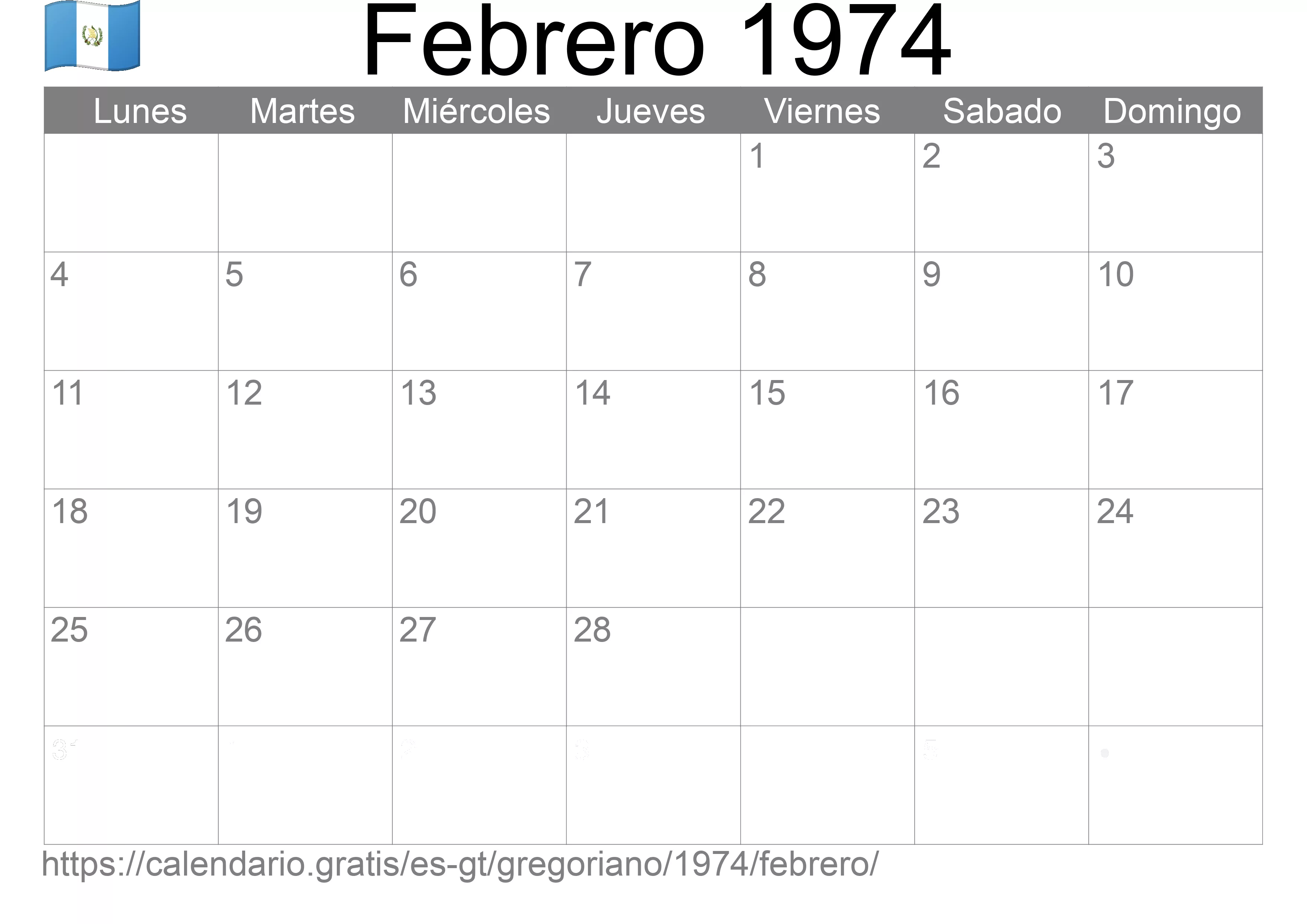 Calendario Febrero 1974 para imprimir (Guatemala)