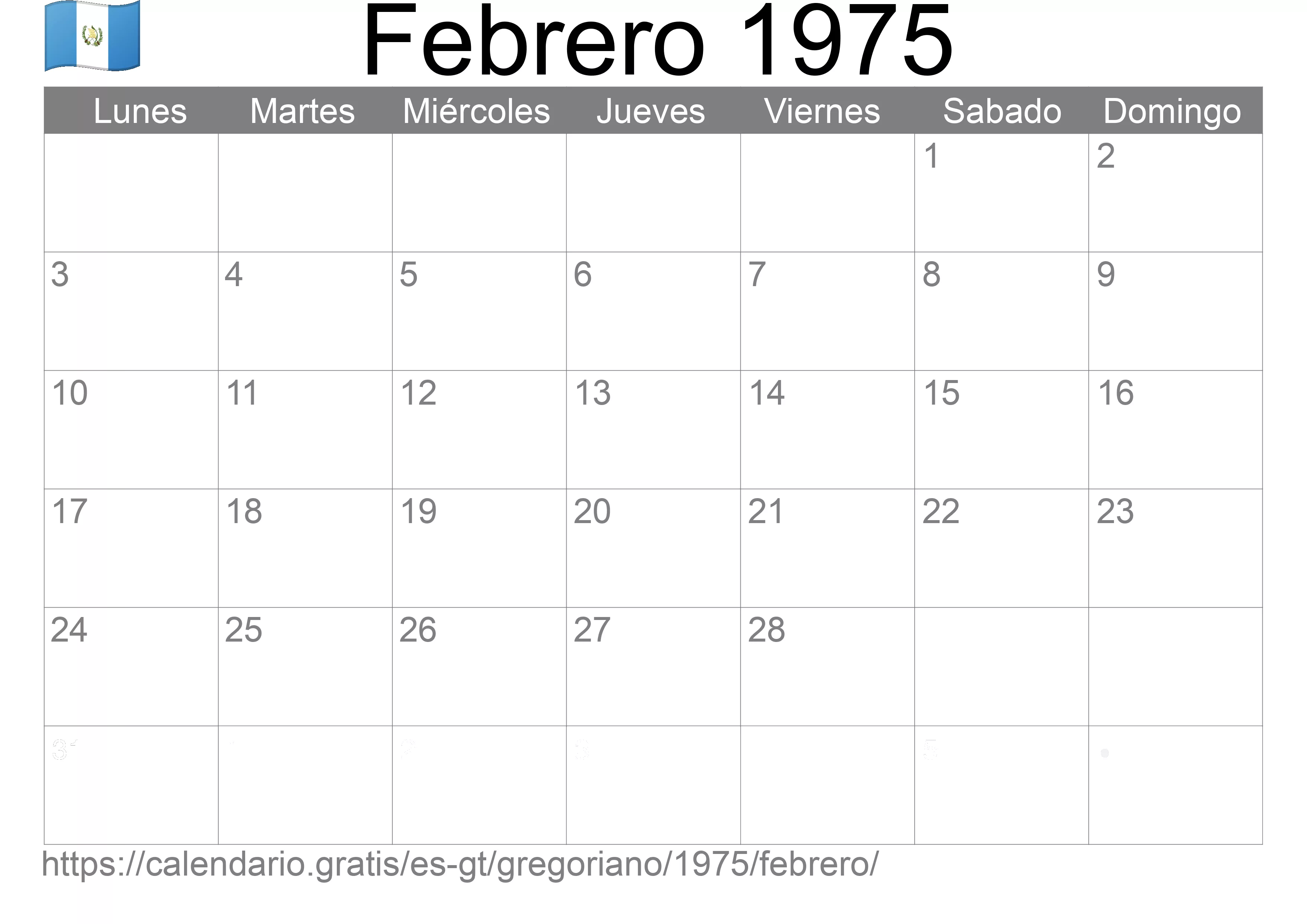Calendario Febrero 1975 para imprimir (Guatemala)
