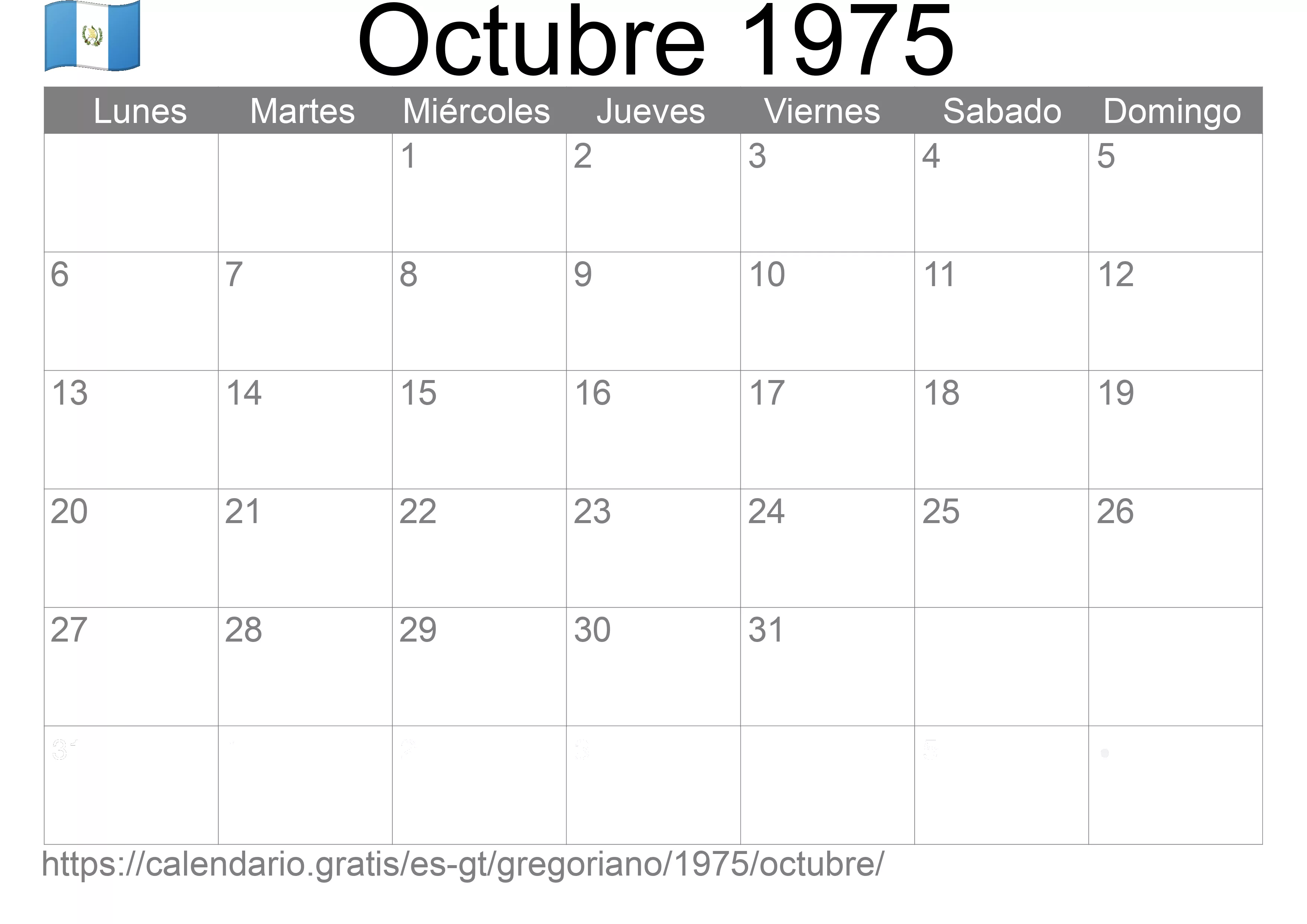 Calendario Octubre 1975 para imprimir (Guatemala)