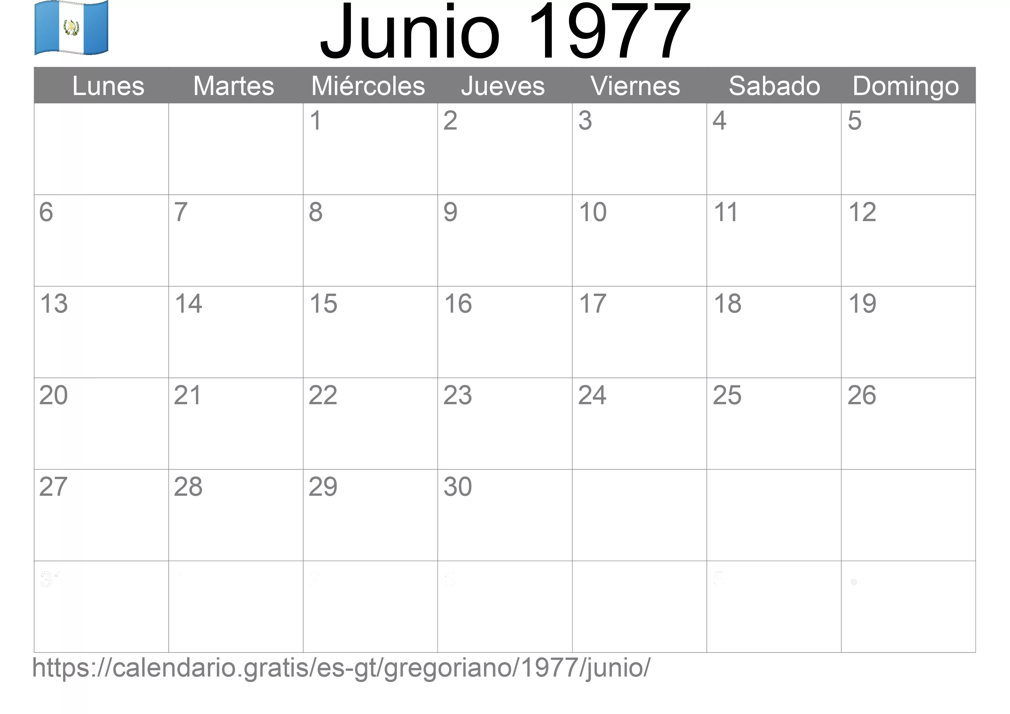 Calendario Junio 1977 para imprimir (Guatemala)
